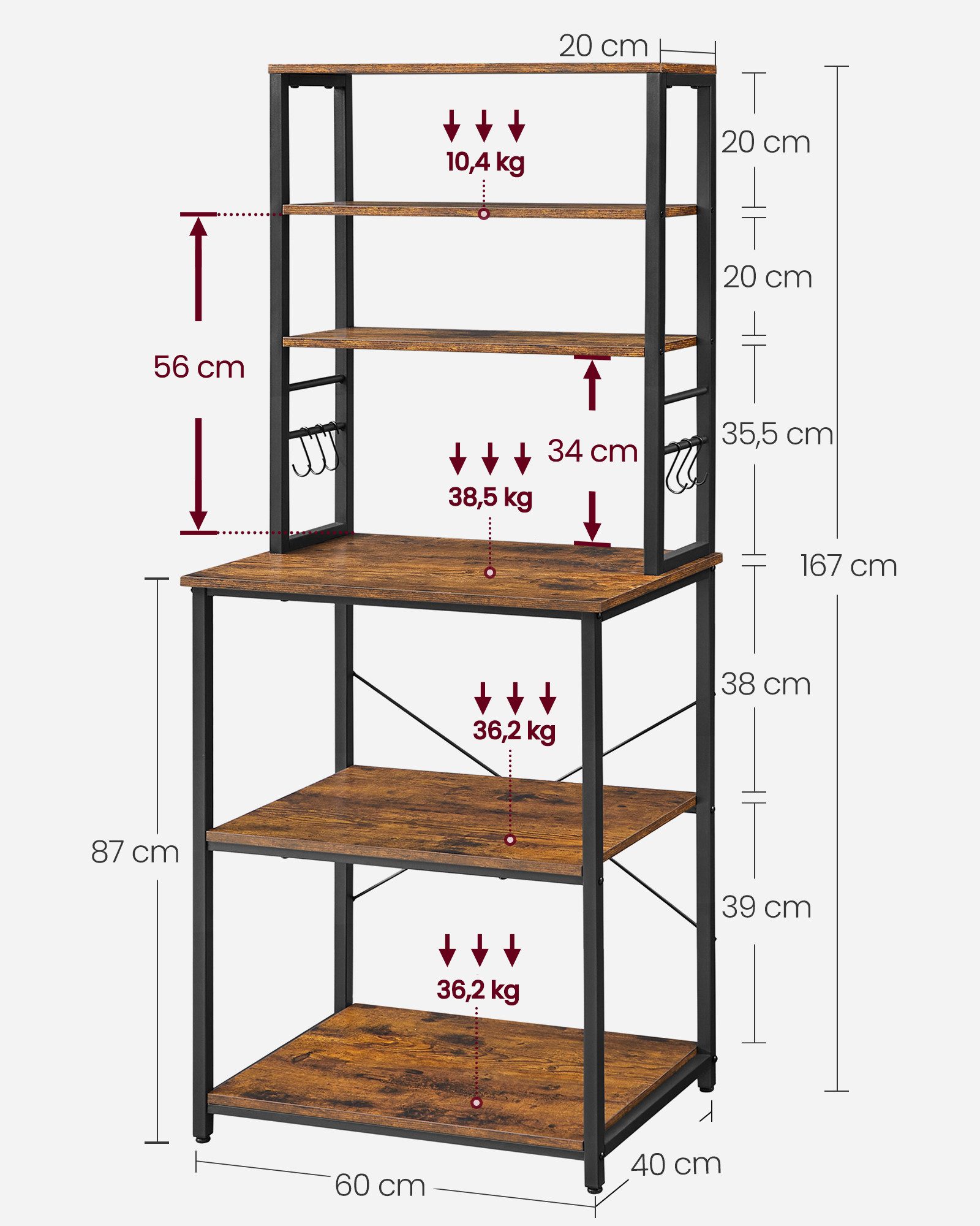 VASAGLE Standregal, Küchenregal mit 6 Haken, 40 x 60 x 167 cm(TxBxH)