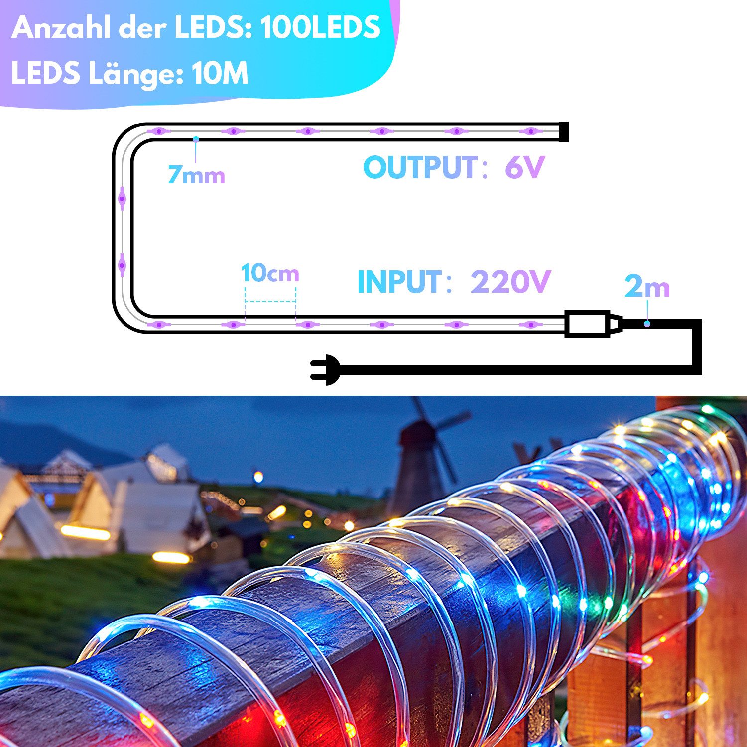 Clanmacy LED-Lichterschlauch LED Lichterschlauch Außen/Innen Lichterkette,mit Timer 8 Leuchtmode