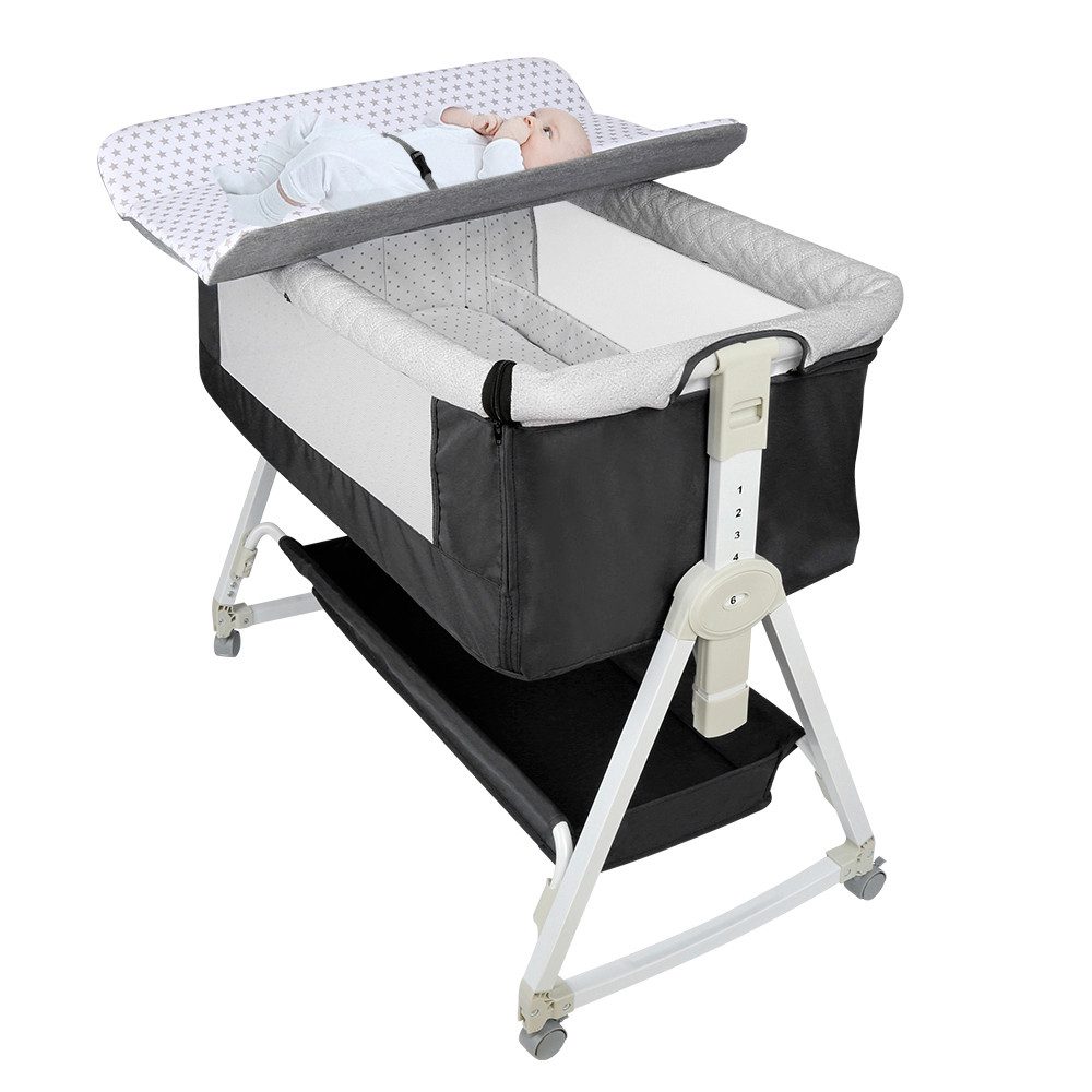 JEOBEST Beistellbett 3 in 1 Babybett & Babywiege & Reisebett, mit Rollen Kinderbett, 6-Fach Höhenverstellung,Wiege-Funktion