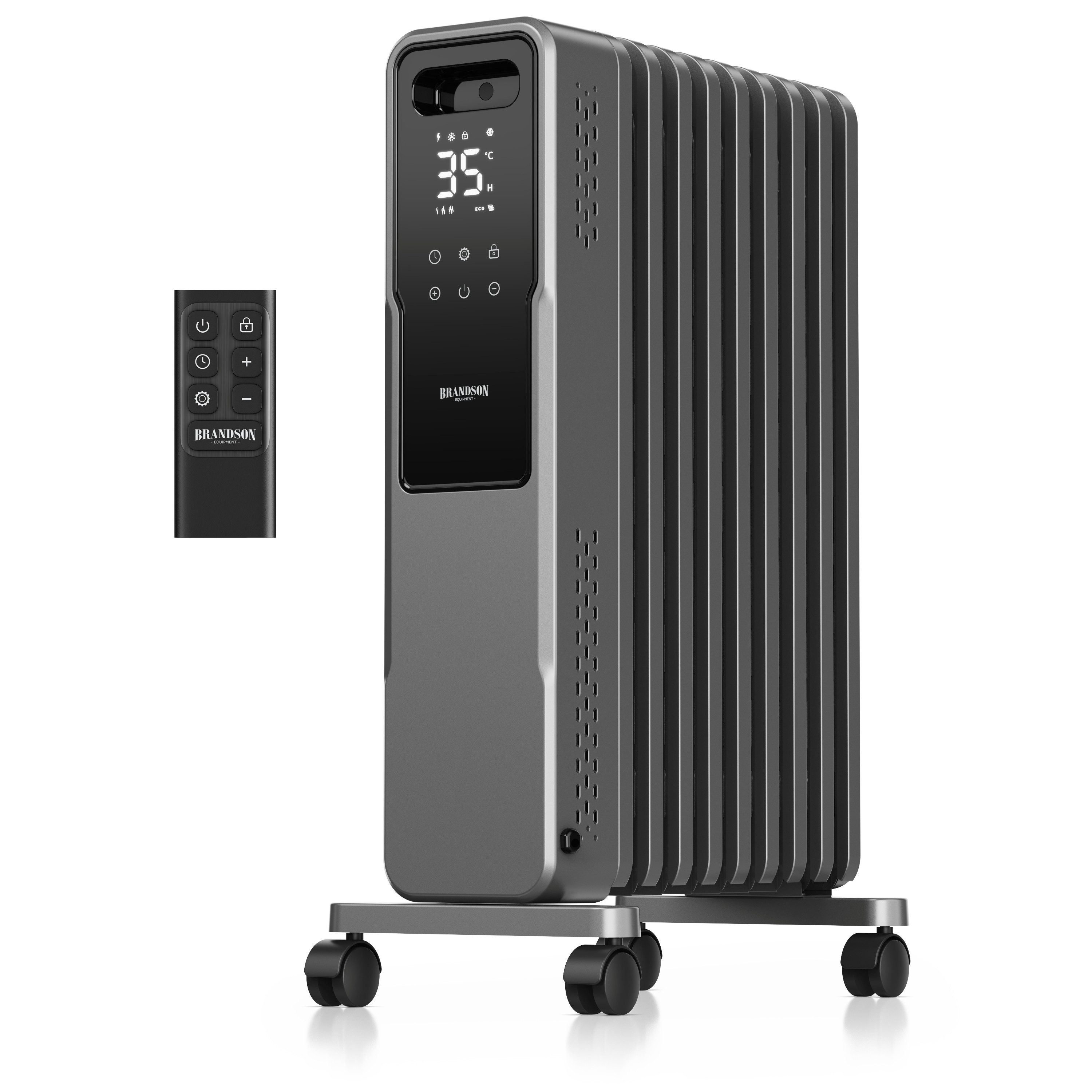 Brandson Ölradiator 9 Rippen M-Form, Thermostat 5-35 °C, 24h-Timer, Fernbedienung, Rollen, 2200 W, ECO-Modus, Fenster-offen-Erkennung, Frostschutz, Kindersicherung
