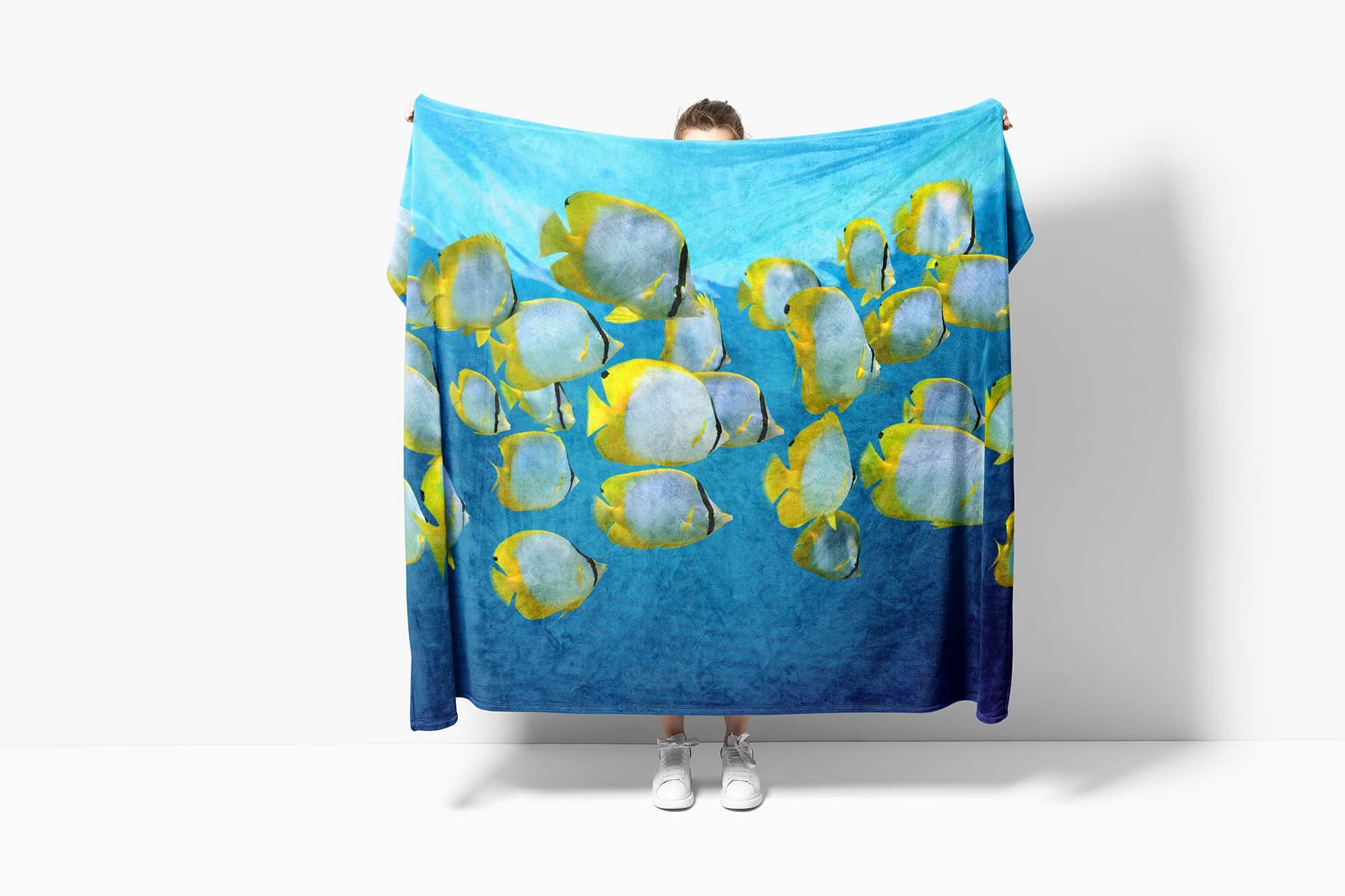 Sinus Art Handtücher Handtuch Baumwolle-Polyester-Mix Gelbe Kuscheldecke Saunatuch Fische mit Fotomotiv (1-St), Handtuch Meer, Strandhandtuch