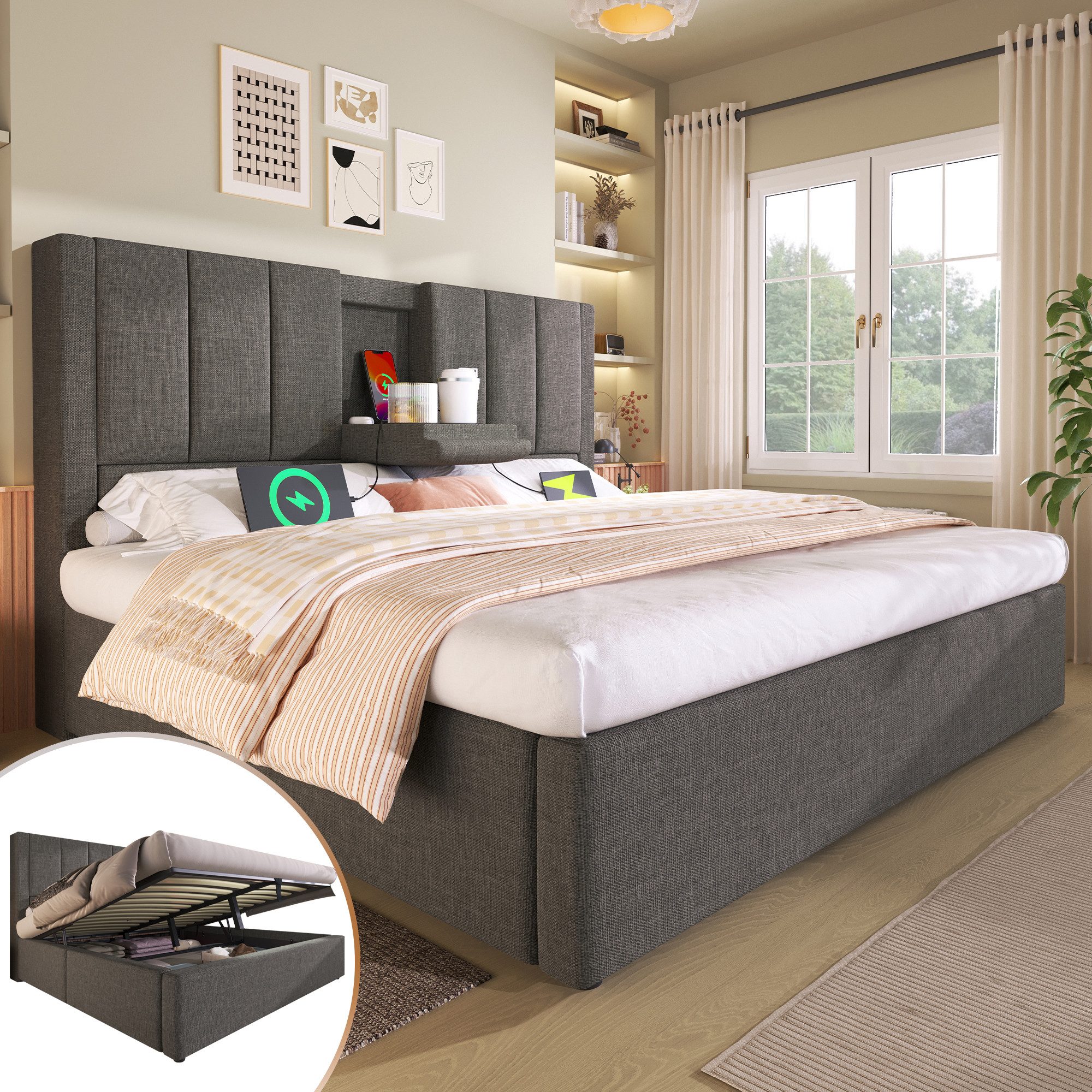 MODFU Polsterbett Polsterbett 140 x 190 cm mit Stauraum und Ladestation, Leinen Grau (Struraumbett, Funktionsbett, Inkl. Lattenrost, Leinen Beige), mit verstecktem Becherhalter & Ladestation