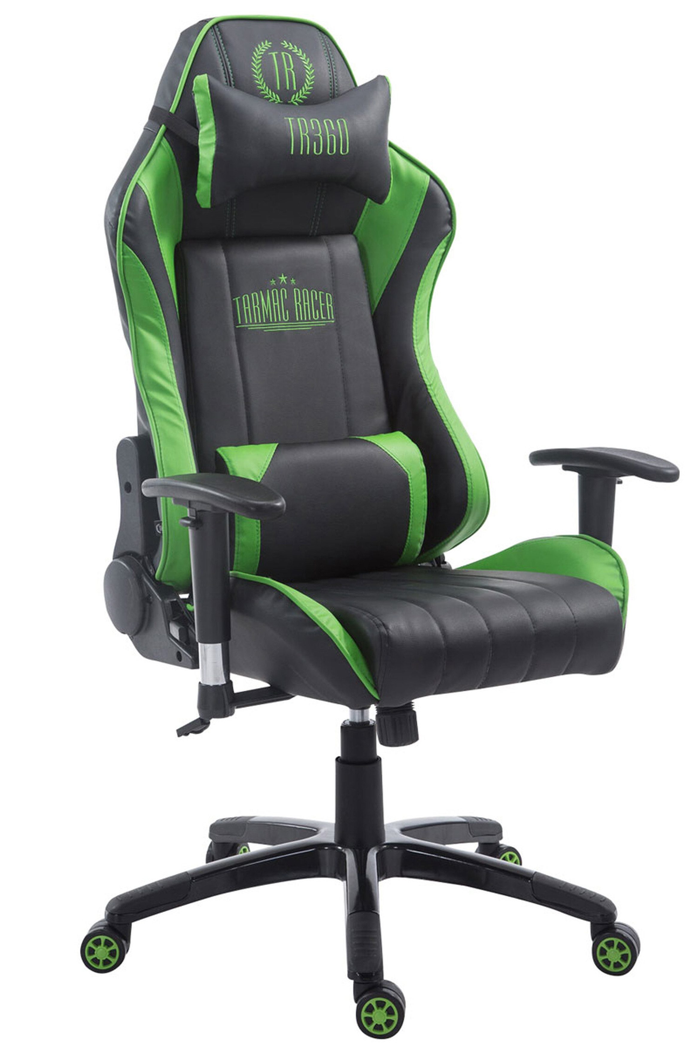 TPFLiving Gaming-Stuhl Shiva 2 mit bequemer Rückenlehne - höhenverstellbar und 360° drehbar (Schreibtischstuhl, Drehstuhl, Gamingstuhl, Racingstuhl, Chefsessel), Gestell: Kunststoff schwarz - Sitzfläche: Kunstleder Schwarz/Grün