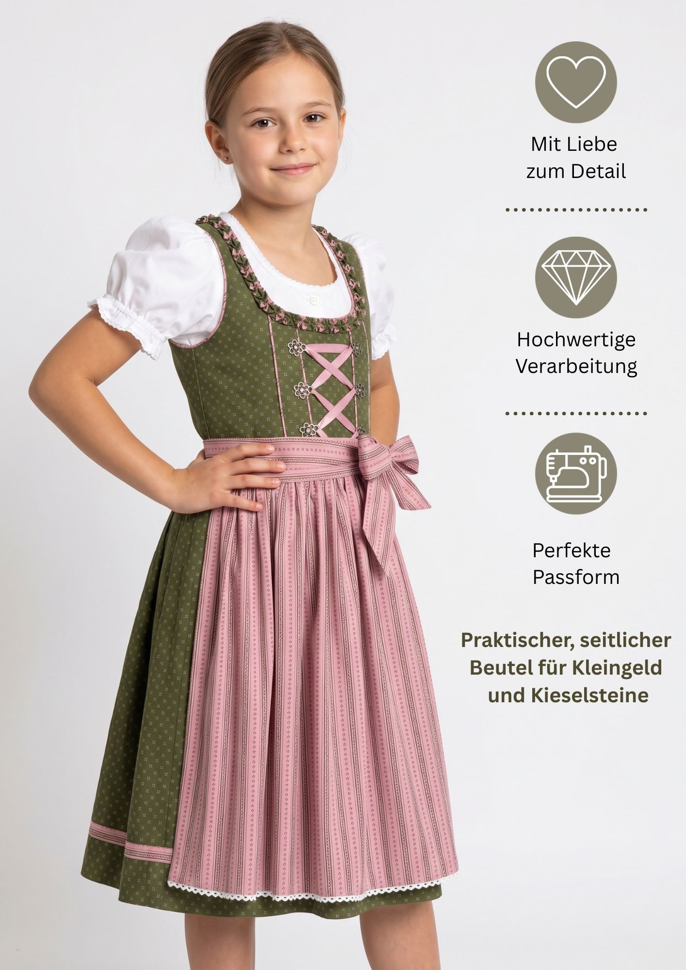 Nübler Dirndl Kinderdirndl 3-teilig Nabilia in Grün von Nübler - Rocklänge knielang 3 teiliges Set aus Dirndl, Bluse und Schürze, Kinder Tracht