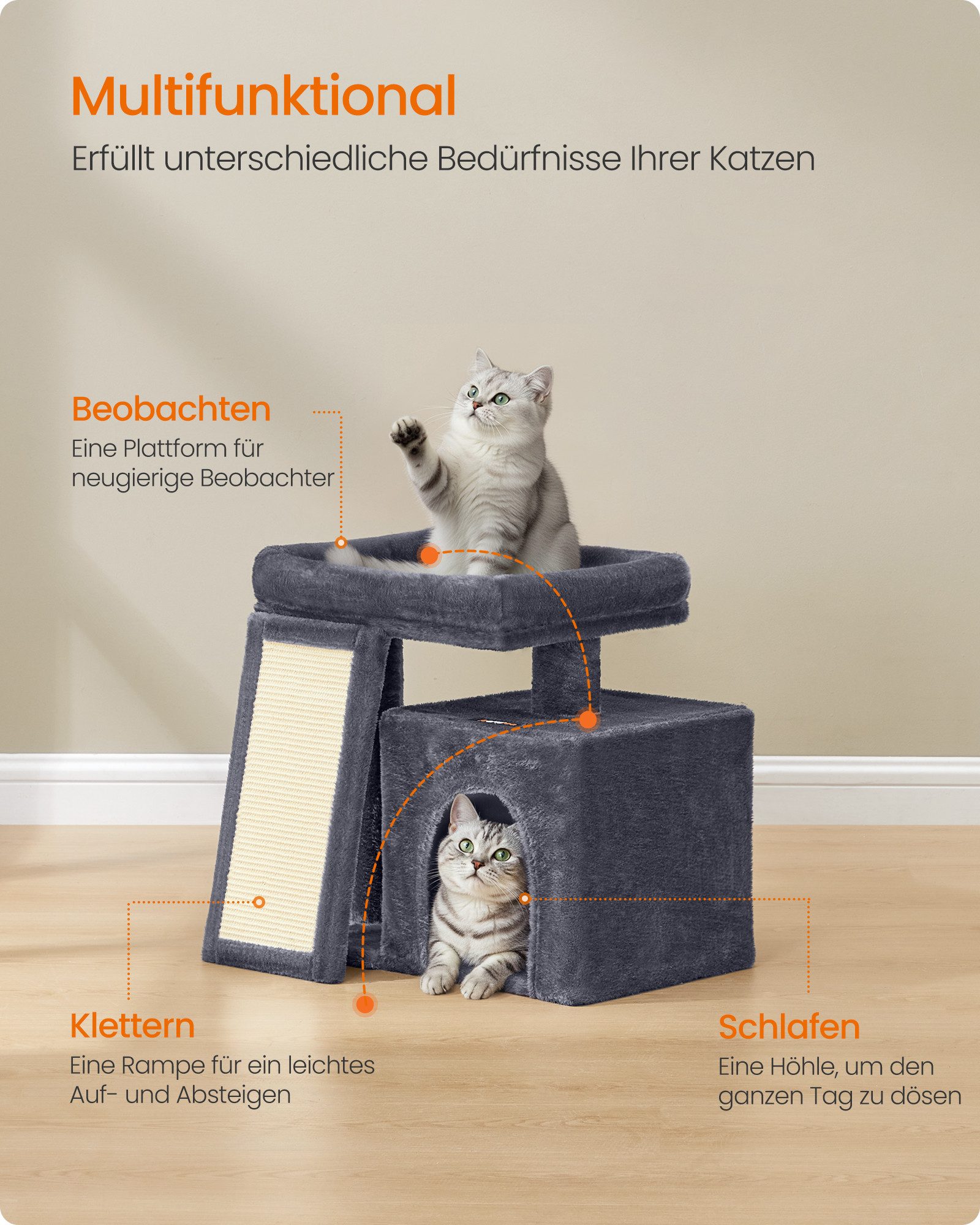 FEANDREA Kratzbaum Katzenbaum, Kratzsäulen und Rampe, mit Plattformen, Höhle, Korb und Plüschbällen