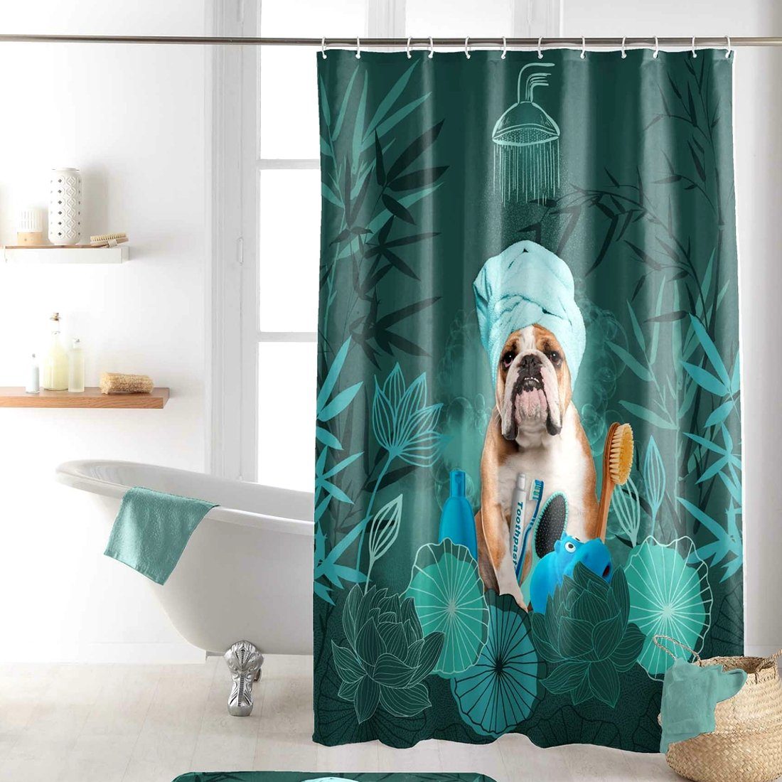 Sanixa Duschvorhang Duschvorhang Textil 200x180 witzig Hund grün wasserabweisend waschbar Breite 180 cm, Badewannenvorhang Vorhang hochwertige Qualität mit Ringen Metallösen