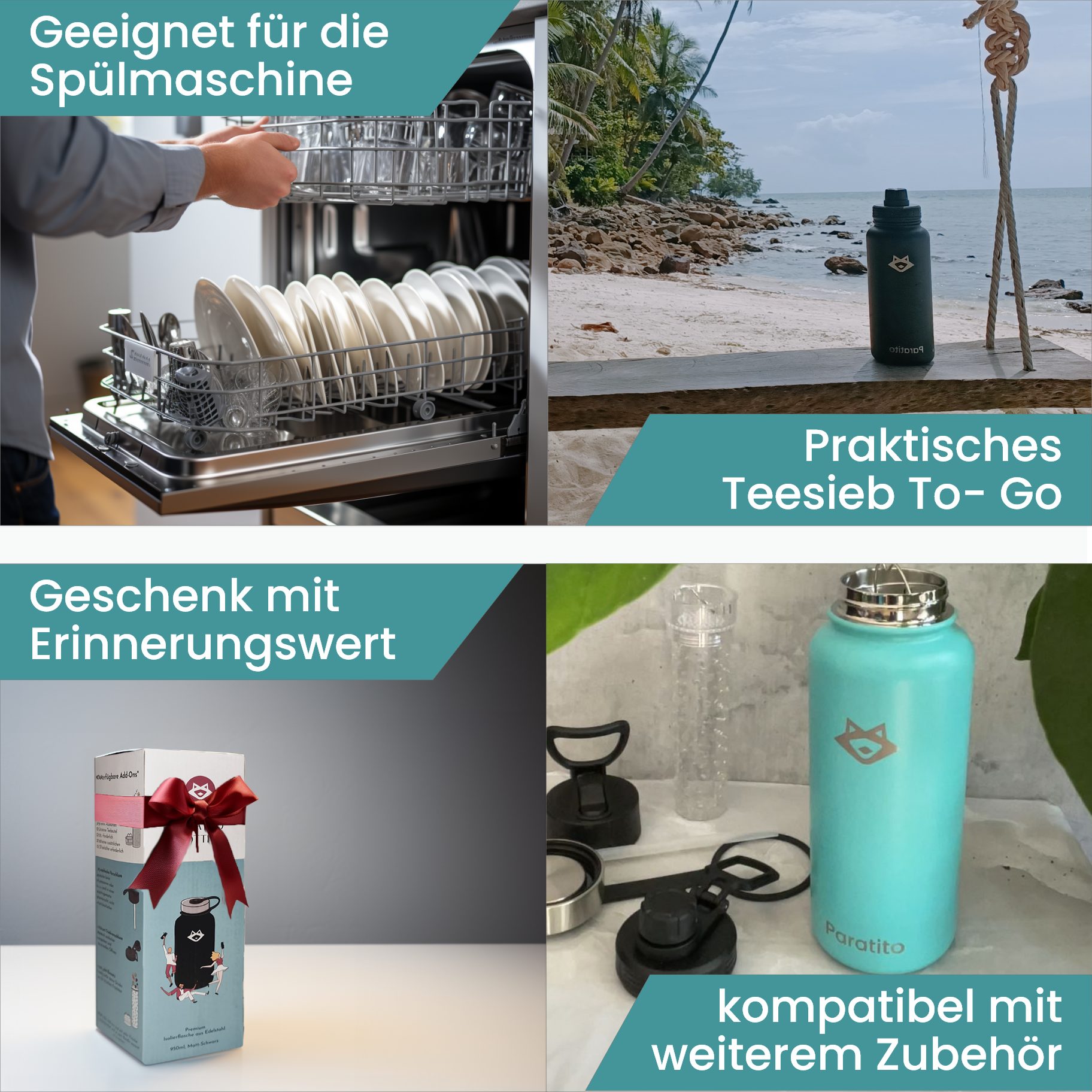 To Thermosflasche 1L, Matt-Schwarz - Paratito® BPA-frei, Teesieb Teesieb Go mit Paratito Sieb Isolierflasche Liter, mit Edelstahl, Teeflasche