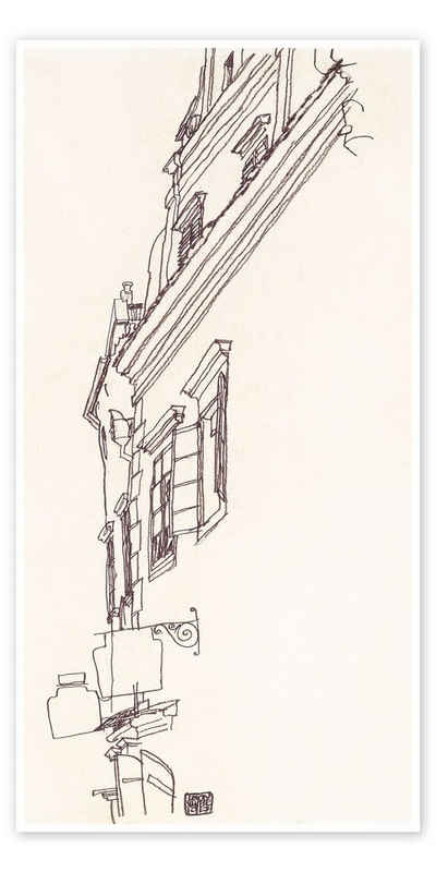 Posterlounge Poster Egon Schiele, Alte Giebelhäuser in Krumau, Wohnzimmer Illustration