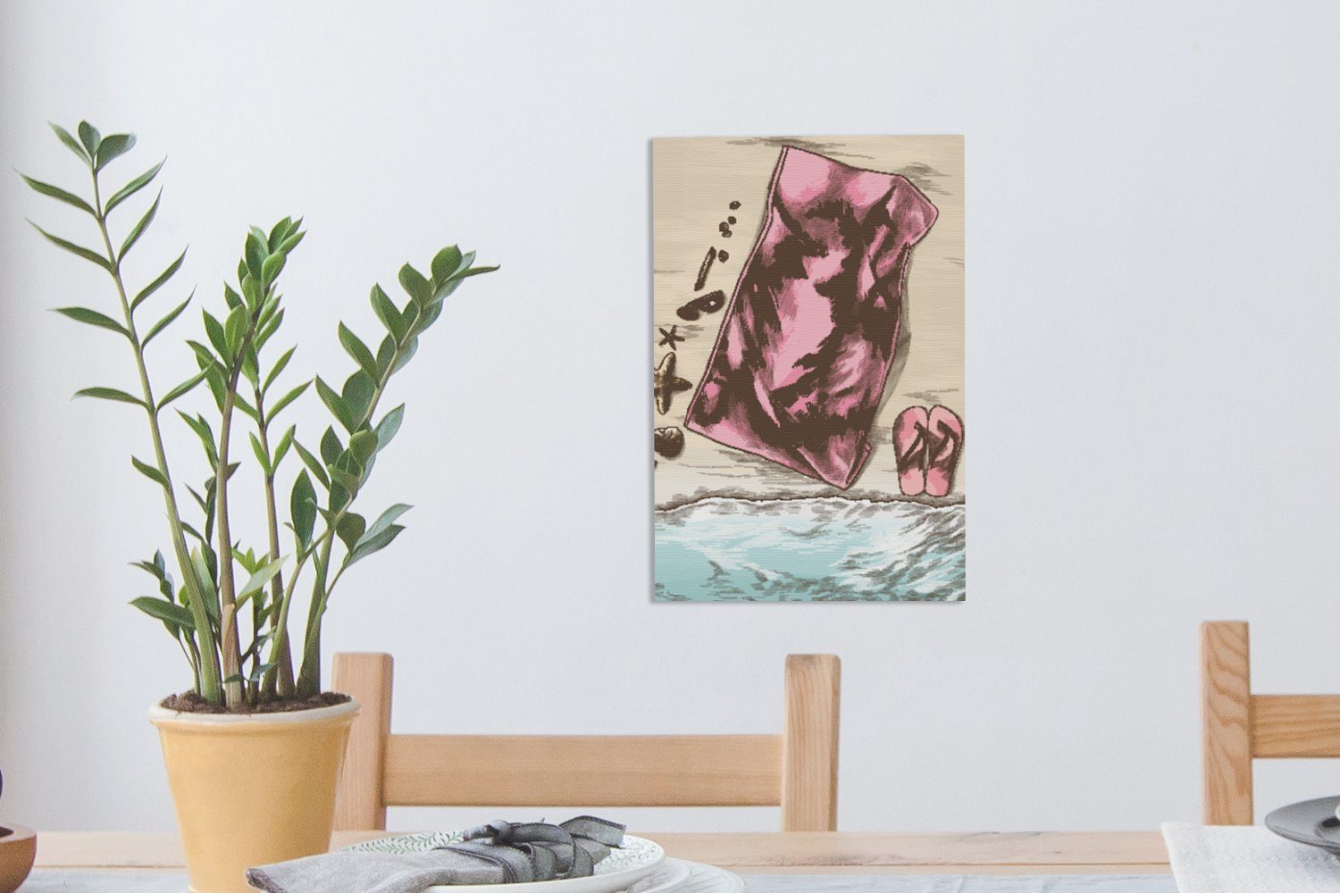 bespannt OneMillionCanvasses® St), inkl. Strand Handtuch fertig - Gemälde, 20x30 Leinwandbild Hausschuhe, (1 Zackenaufhänger, - Leinwandbild cm