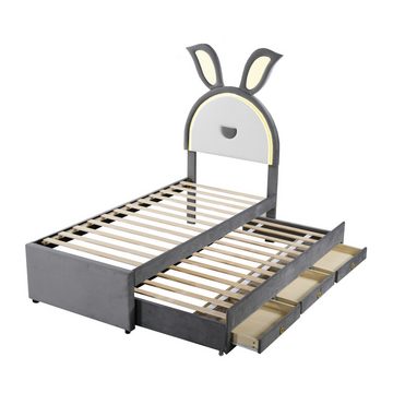 Ulife Kinderbett Polsterbett Stauraumbett mit ausziehbarem Bett und LED-Licht, Oberes Bett 200*90cm, Ausziehbett 190*90cm