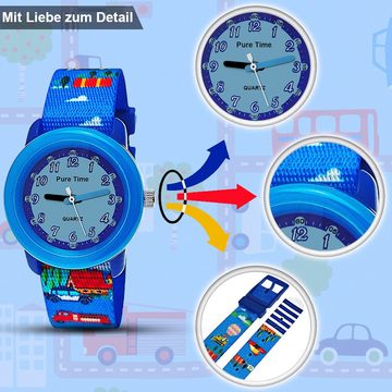 Pure Time Quarzuhr Autos Cars Kinder Textil Armbanduhr, Kinderuhr in blau, rot & schwarz