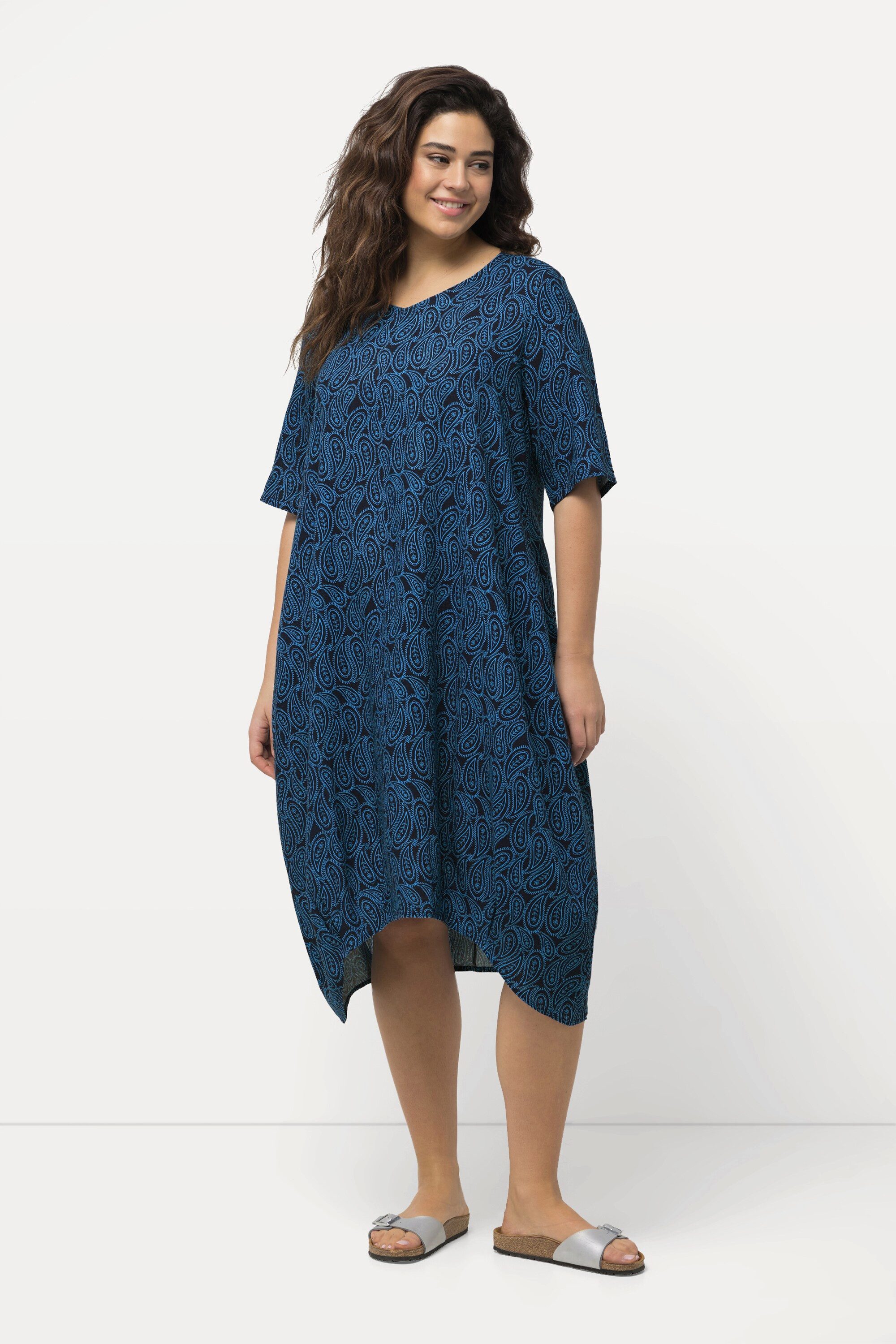 ULLA POPKEN Sommerkleid Kleid Leinenmix Bogensaum V-Ausschnitt Halbarm mehr