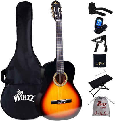 Winzz Konzertgitarre 4/4 Anfänger Set, Klassische Gitarre Kit mit Nylonsaiten, Eleganter Konzertgitarre und sieben Zubehörteilen für Musikliebhaber