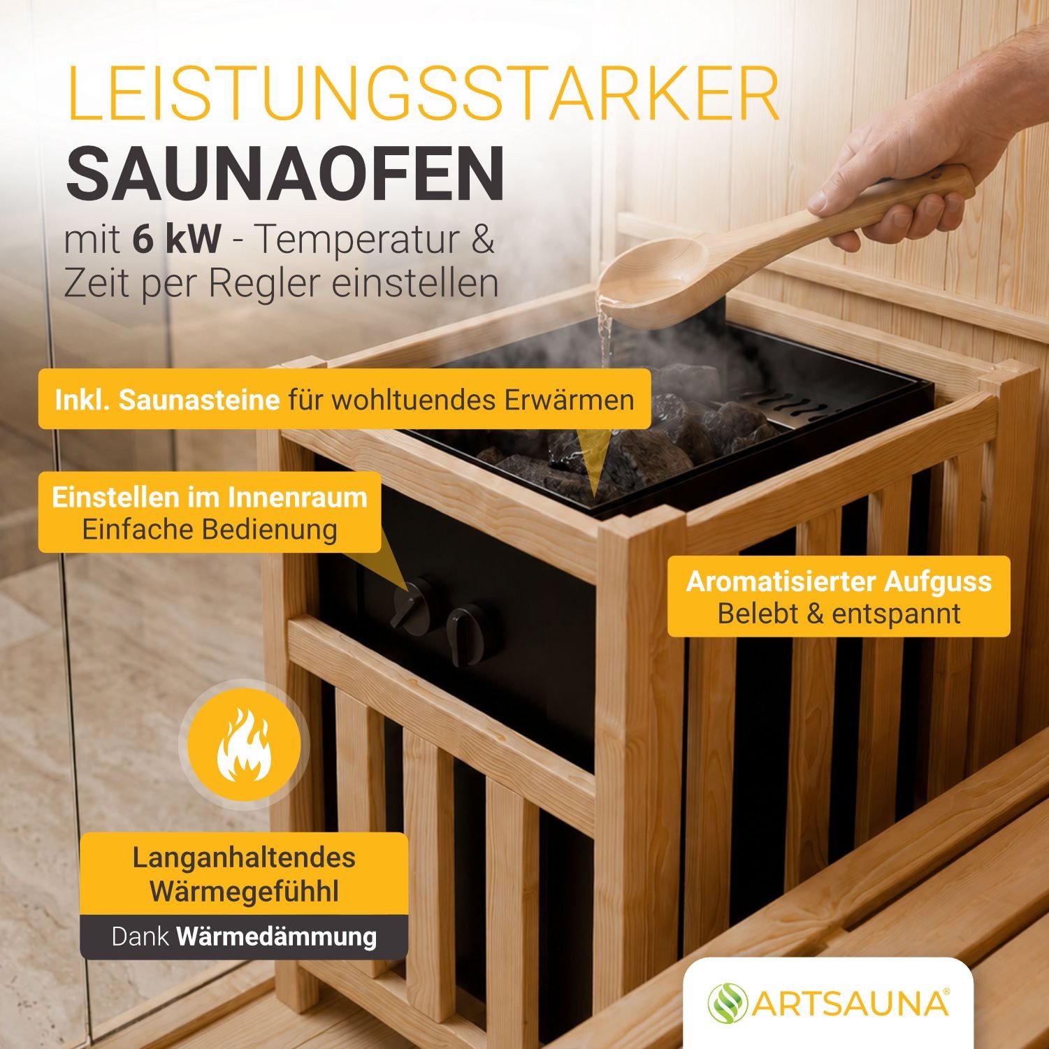 Artsauna Sauna Espoo150 Premium, 50 mm, für 3 Personen, Hemlock Holz, Saunaofen, Sanduhr, Thermo-Hygrometer