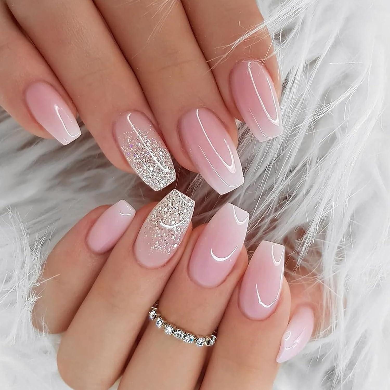 Kunstfingernägel 24 Stück Press on Nägel Rosa Glitzer Acryl French Nails mit