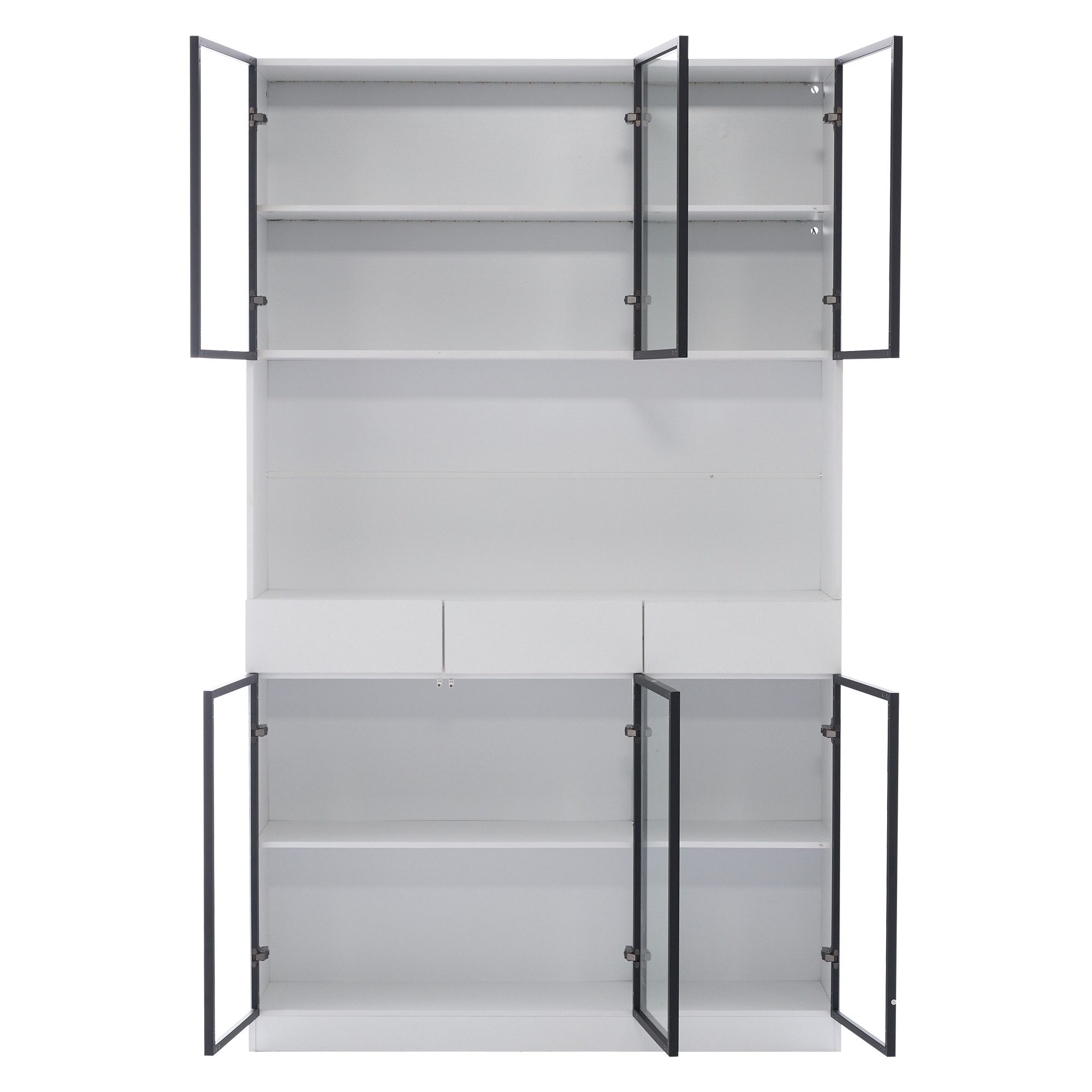 Flieks Glasvitrine Hochschrank mit LED-Beleuchtung, 6 Glastüren und 3 Schubladen (1-St., 120x36x200 cm) Multifunktionsschrank Vitrinenschrank Bücherregal Wohnzimmer Weiß