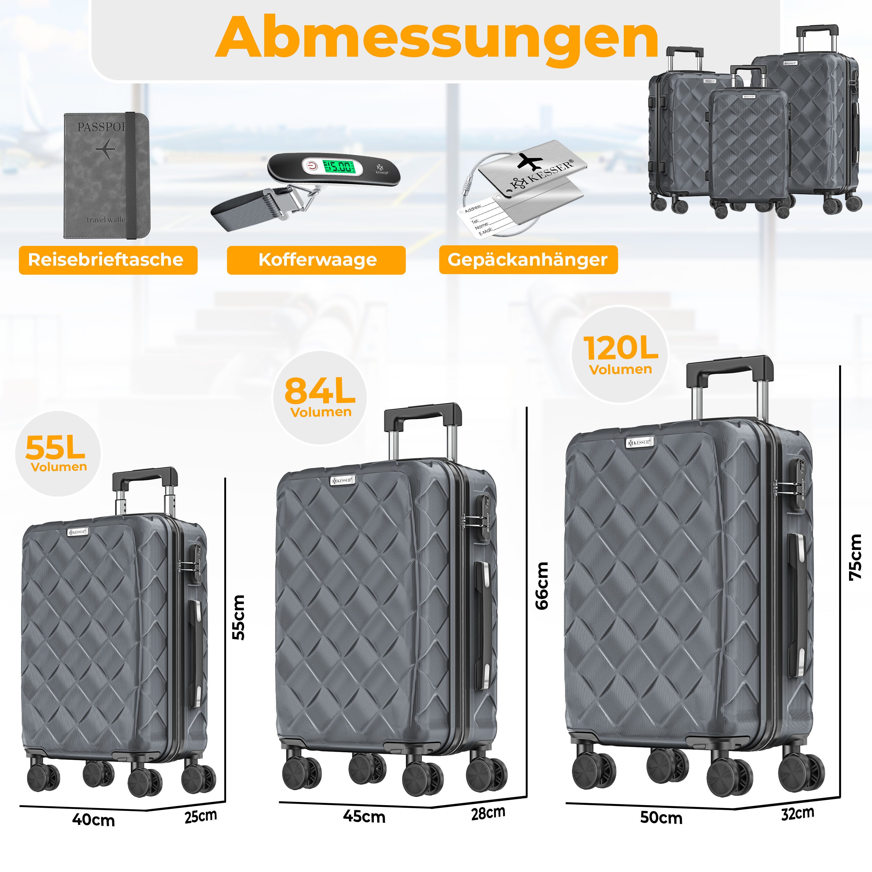 KESSER Kofferset, Reisekoffer 3-teilig Hartschalenkoffer mit Handgepäck, Schloss & Waage