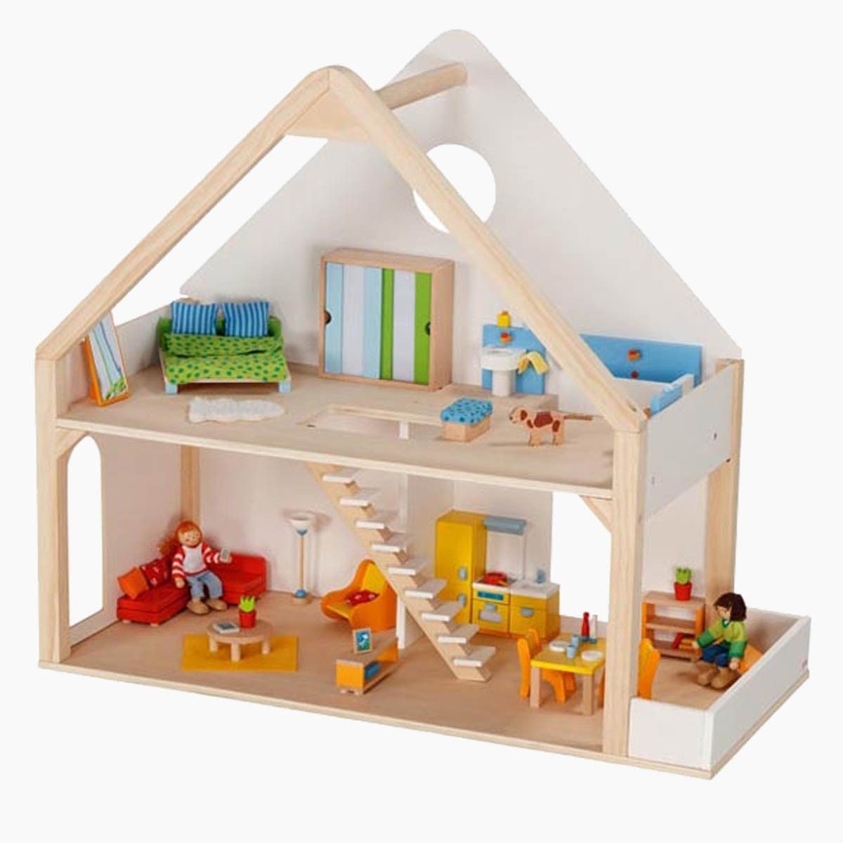 goki Puppenhaus Puppenhaus mit 2 Etagen, (packung, 1-tlg., unmontiert), Offenes Dach für besseren Zugang