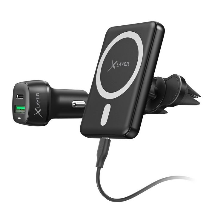 XLAYER : MagFix Pro Magsafe 15W Wireless KFZ Handyhalter mit USB-C Kabel und Dual Charger Schnellader fürs Auto kompatibel für iPhone 12/13/14 schwarz Wireless Charger