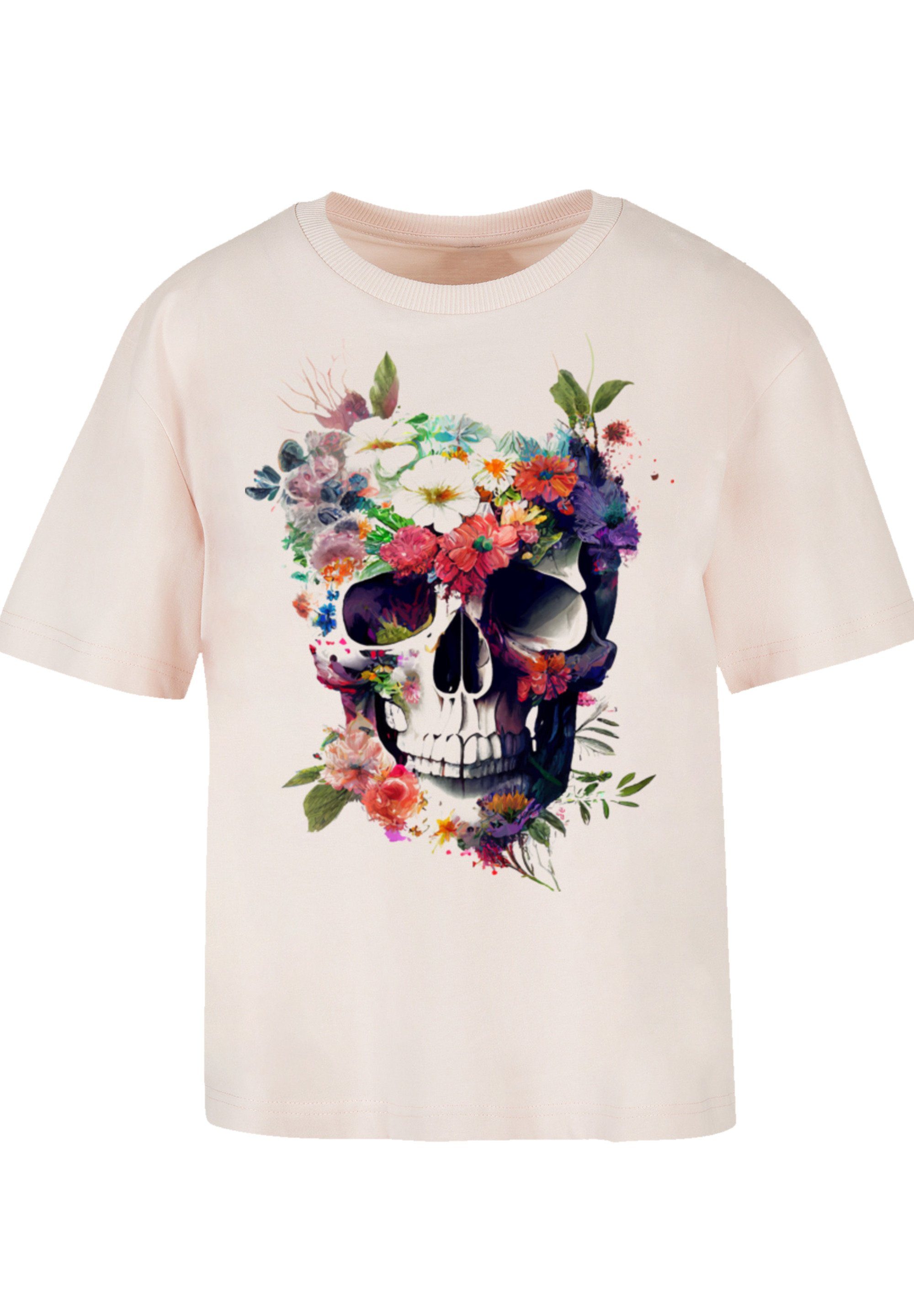 Totenkopf Gerippter Blumen Print, für Rundhalsausschnitt stylischen Look T-Shirt F4NT4STIC