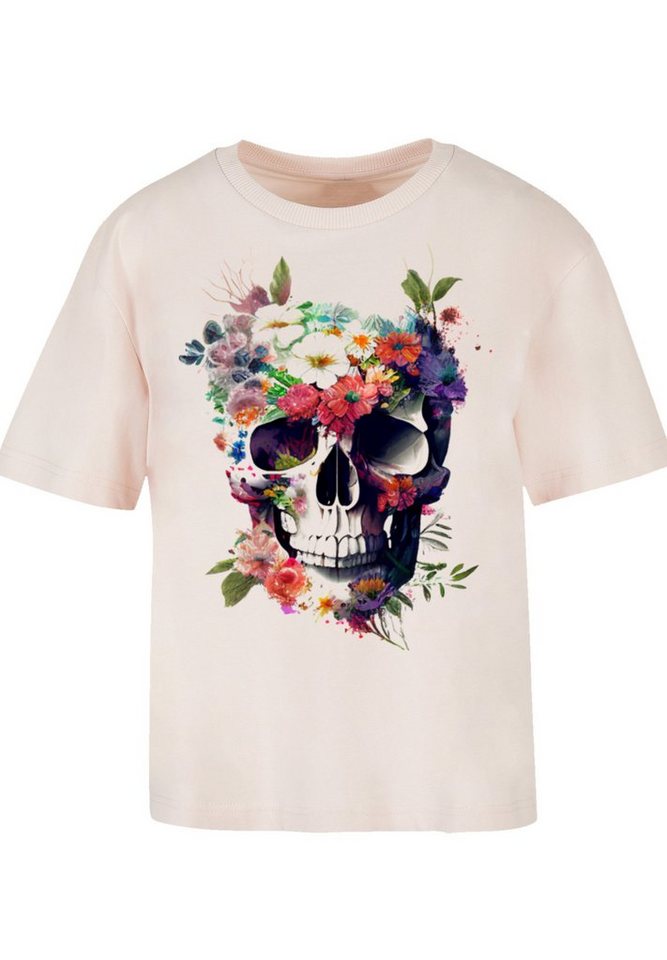 F4NT4STIC T-Shirt Totenkopf Blumen Print, Gerippter Rundhalsausschnitt für  stylischen Look
