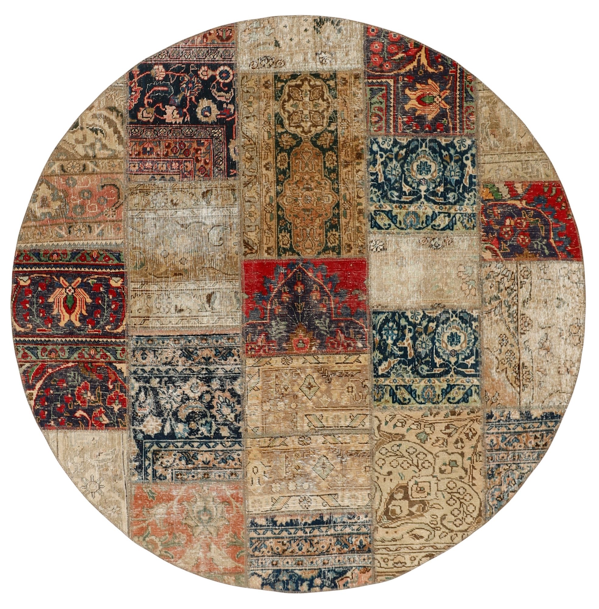 Wohnando Teppich MY-RUG Vintage Patch Work Floral & Ornamentiert 200x200cm, Rund, Höhe: 10 mm, Handgeknüpfter Teppich,Handgesponnene Wolle, mit Naturfarben gegärbt