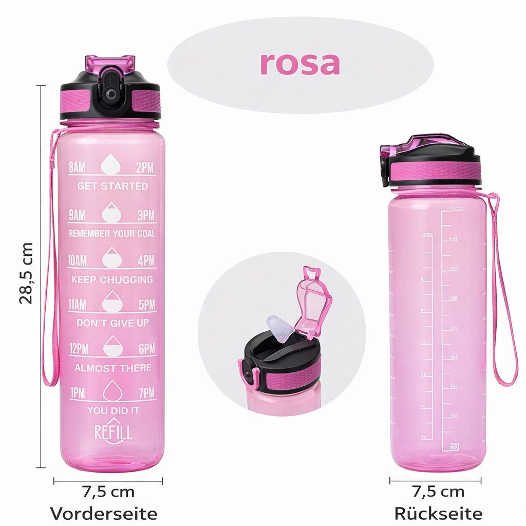 Botells Trinkflasche Sport Trinkflasche, Motivation, Wasserflasche + Strohhalm & Shakerball, Trinke während deiner Aktivität, leicht, auslaufsicher, motivierend