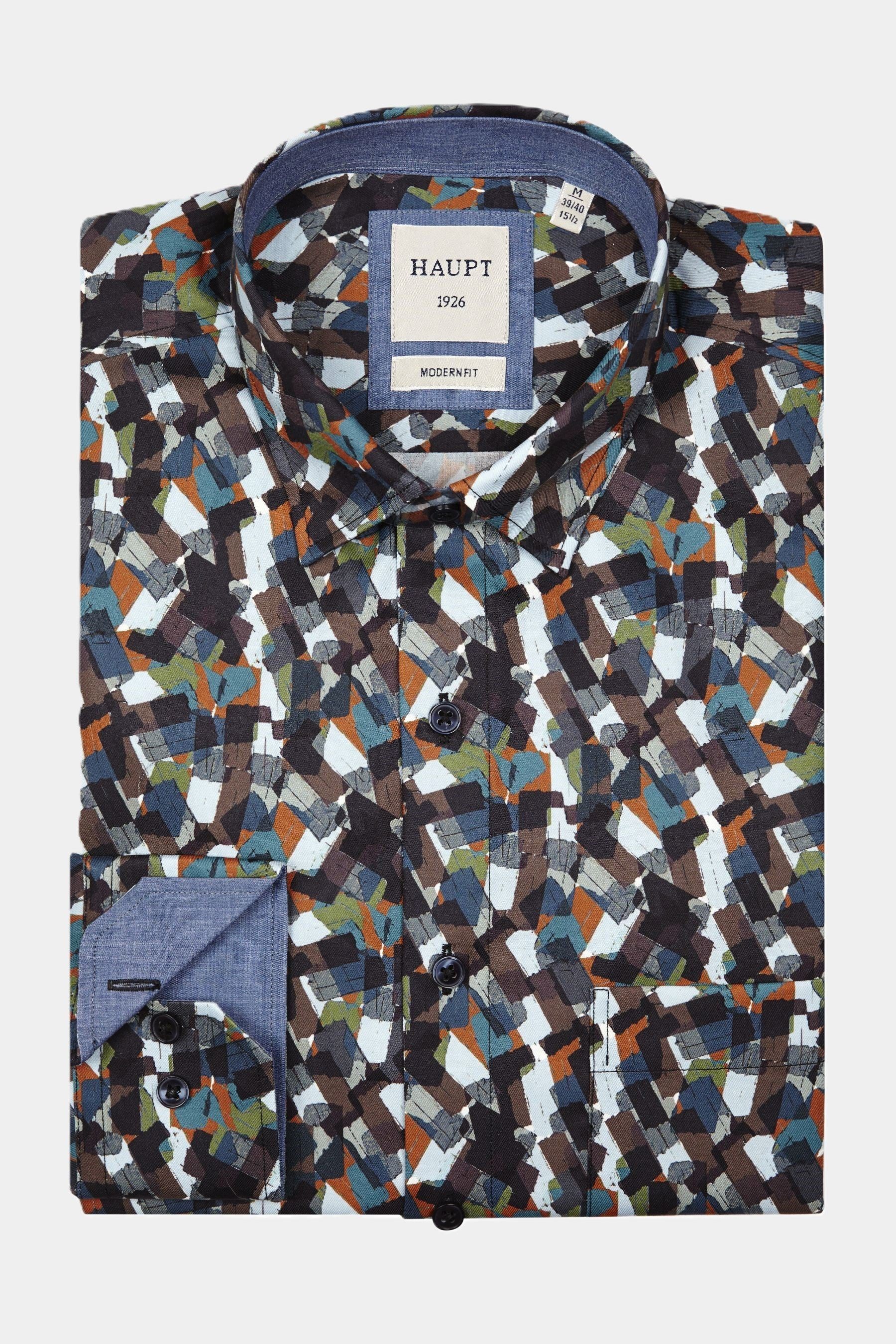 Haupt Langarmhemd Haupt Baumwolle Modern Fit Langarm Herrenhemd mit Multicolor Allover