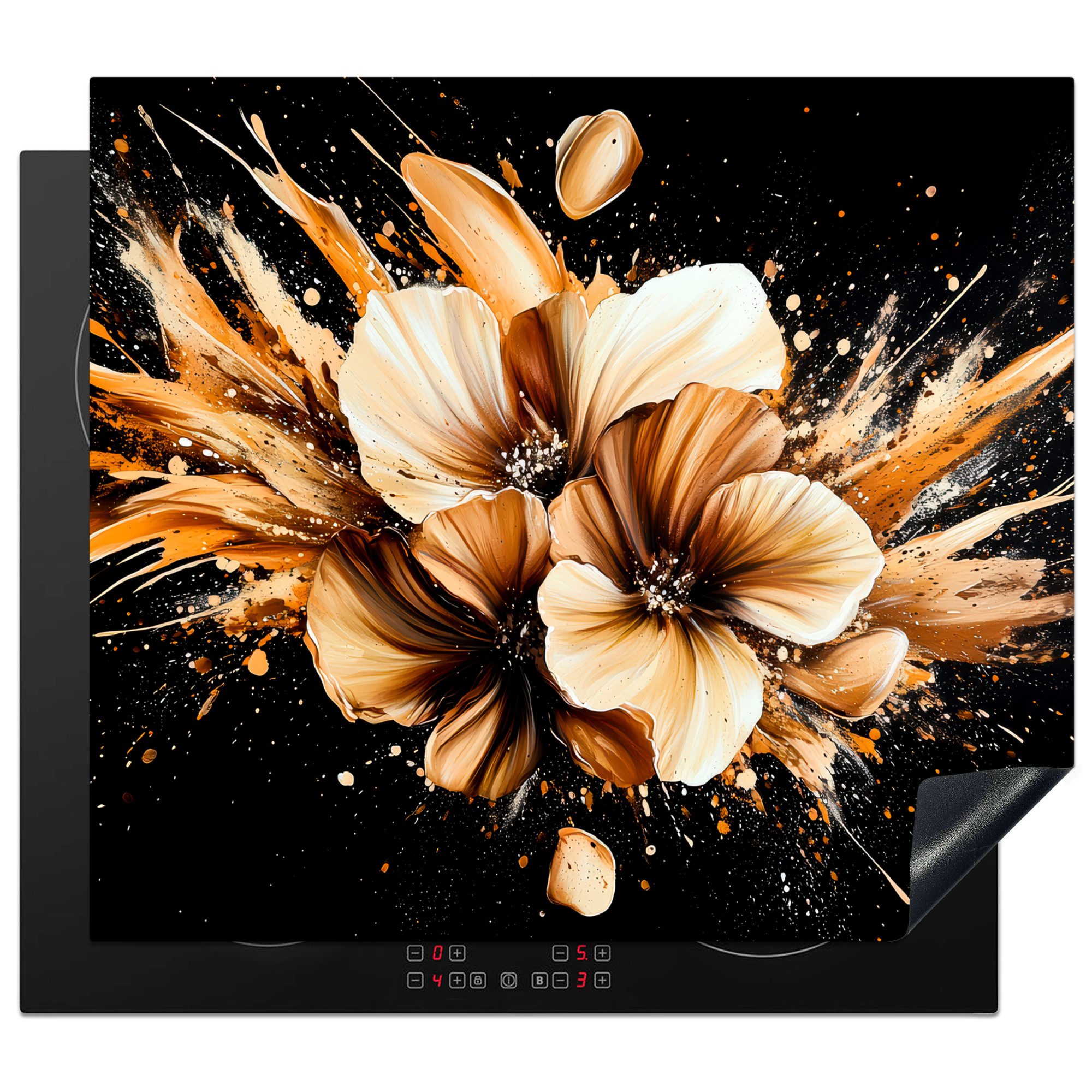 MuchoWow Herd-Abdeckplatte Blumen - Gold - Graffiti - Schwarz - Abstrakt, Vinyl, (1 tlg), Cerankochfeld Abdeckung, Herd Abdeckplatten Vinyl, 58x51 cm