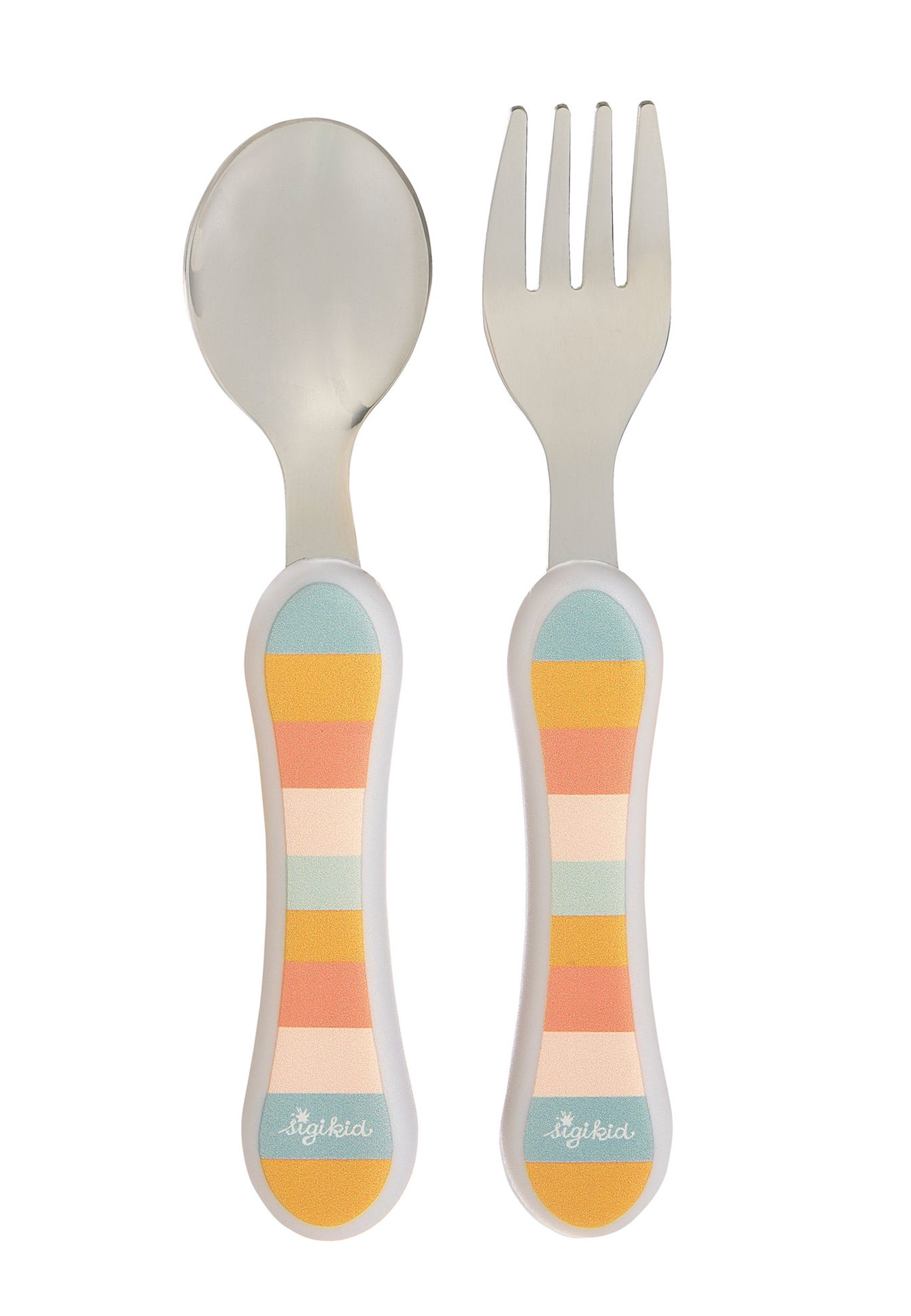 Sigikid Kinderbesteck 2 tlg. Set Gabel und Löffel "4 Freunde" (2-tlg), 1 Personen, Kopf: 100% rostfreier Edelstahl, Griff: 100% ABS