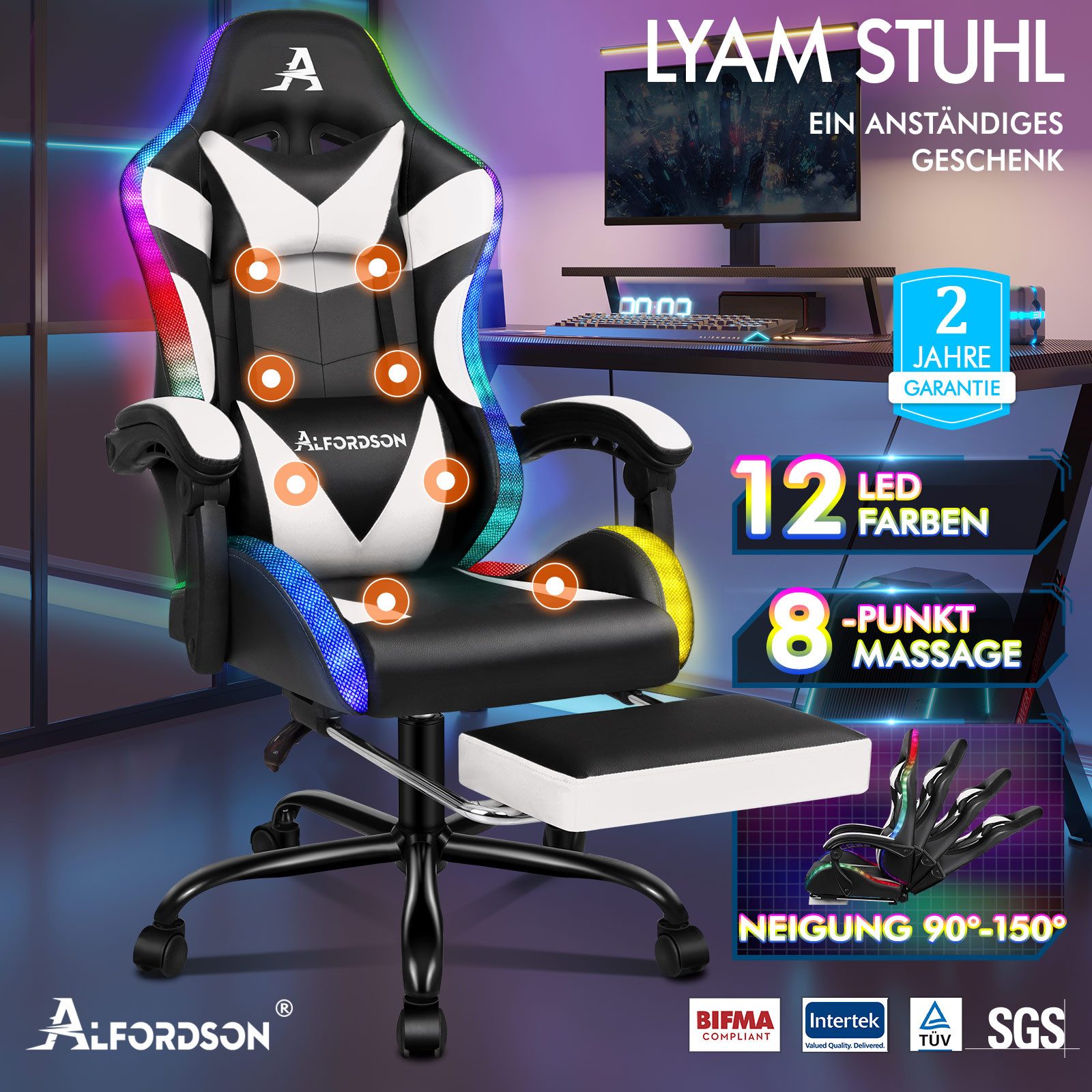 ALFORDSON Gaming-Stuhl Massagestuhl mit LED, ergonomischer Schreibtischstuh günstig online kaufen