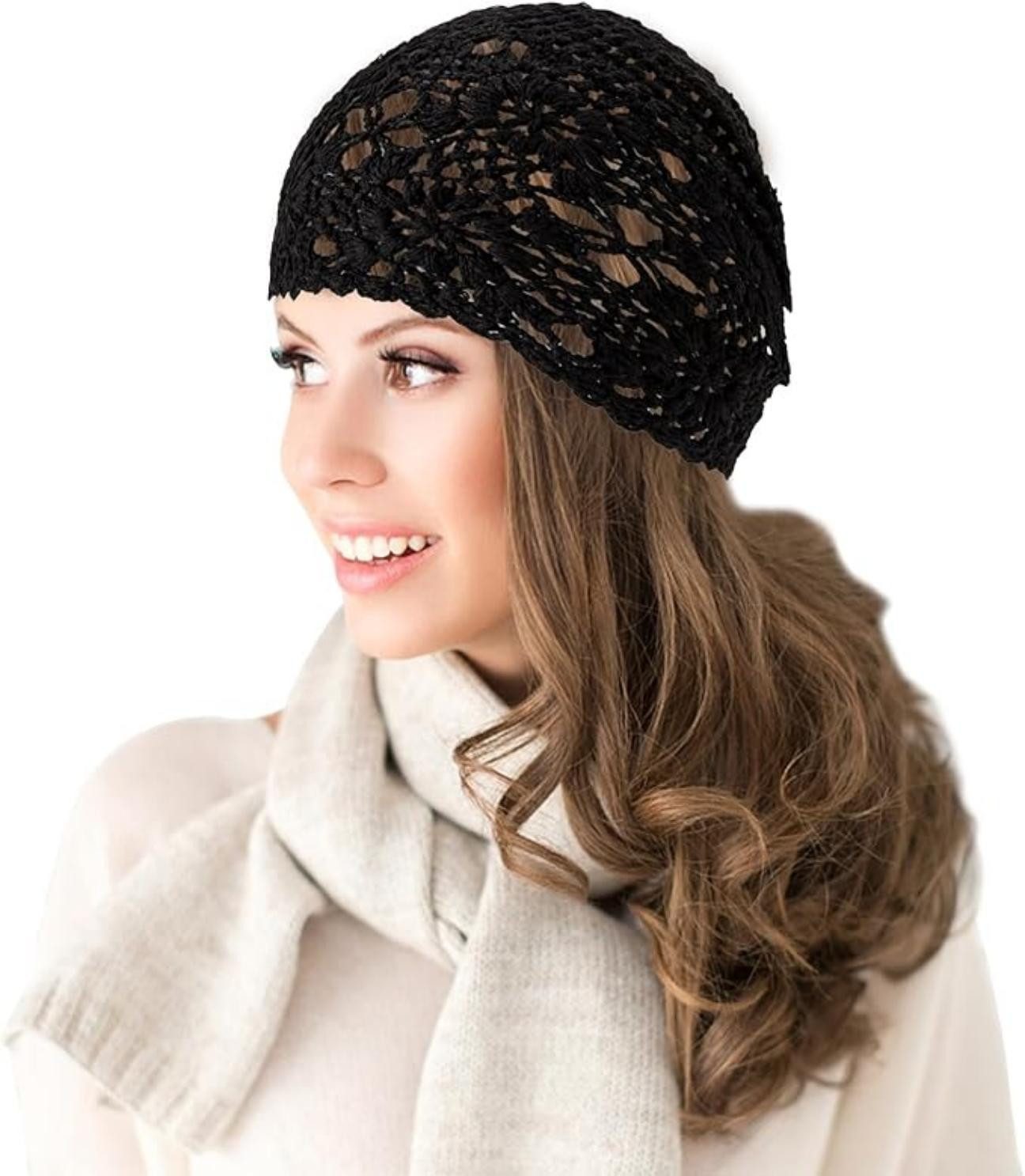 Oemmn Beanie Damen-Häkelmütze, lockere Strickmütze, Baumwolle, handgefertigt
