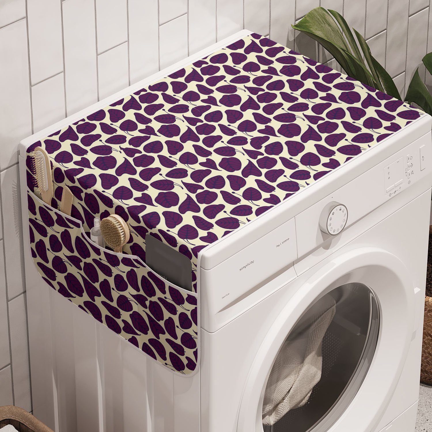 Abakuhaus Badorganizer Anti-Rutsch-Stoffabdeckung für Waschmaschine und Trockner, Natur Dark Purple Leaves Pattern