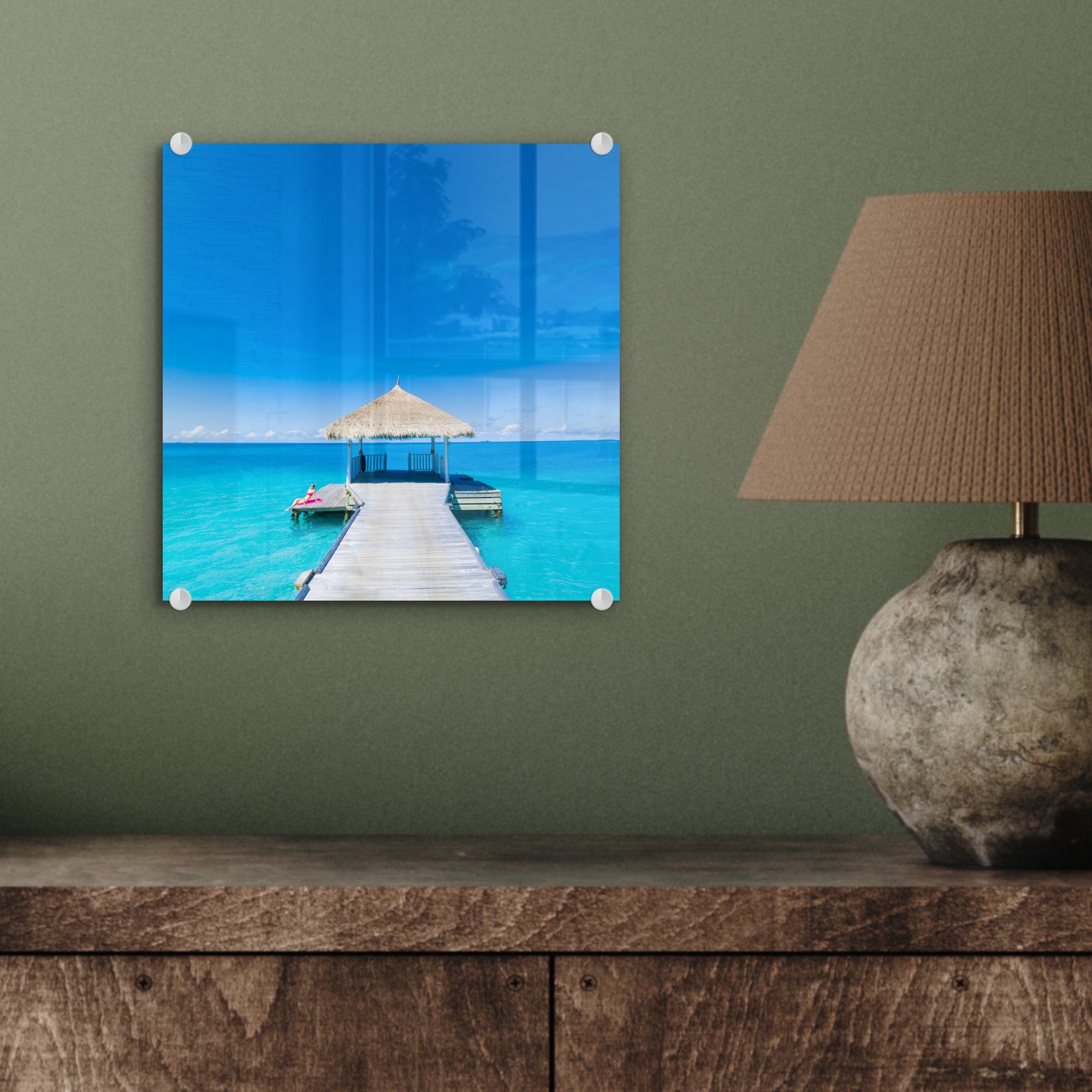 - Glas Glasbilder Foto Wandbild Acrylglasbild - (1 Bilder auf St), - Glas auf Pier MuchoWow Hütte, - Meer - Wanddekoration