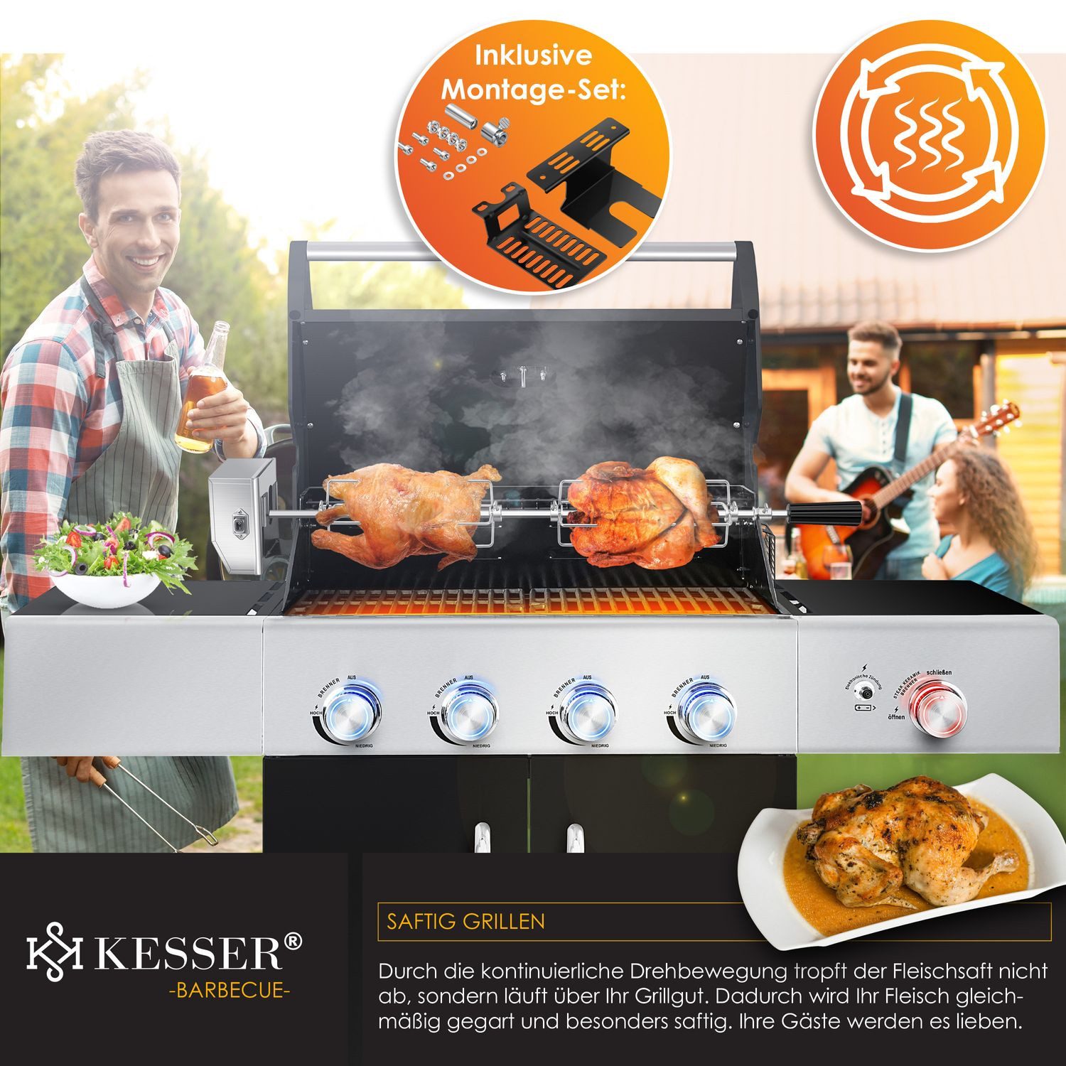 KESSER Grillspieß Set 116cm – Motor, 4 Fleischgabeln, bis 25kg Tragkraft, Für Gas-, Kohle- & Smokergrills, hitzefester Griff, ruckelfrei