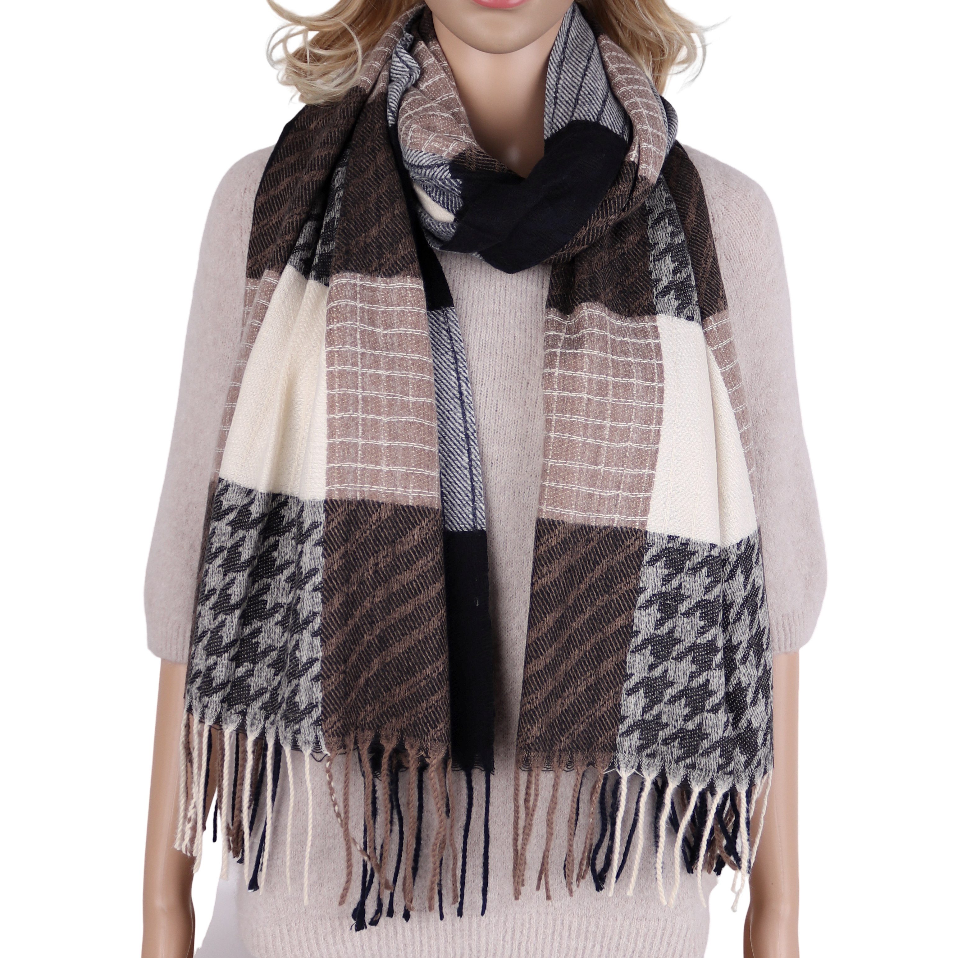 MIRROSI Modeschal weicher und warmer Schal mit Fransen, ca.70x180cm, (Hahnentritt-Muster mit Karomix), Damen Halstuch ideal für Herbst und Winter