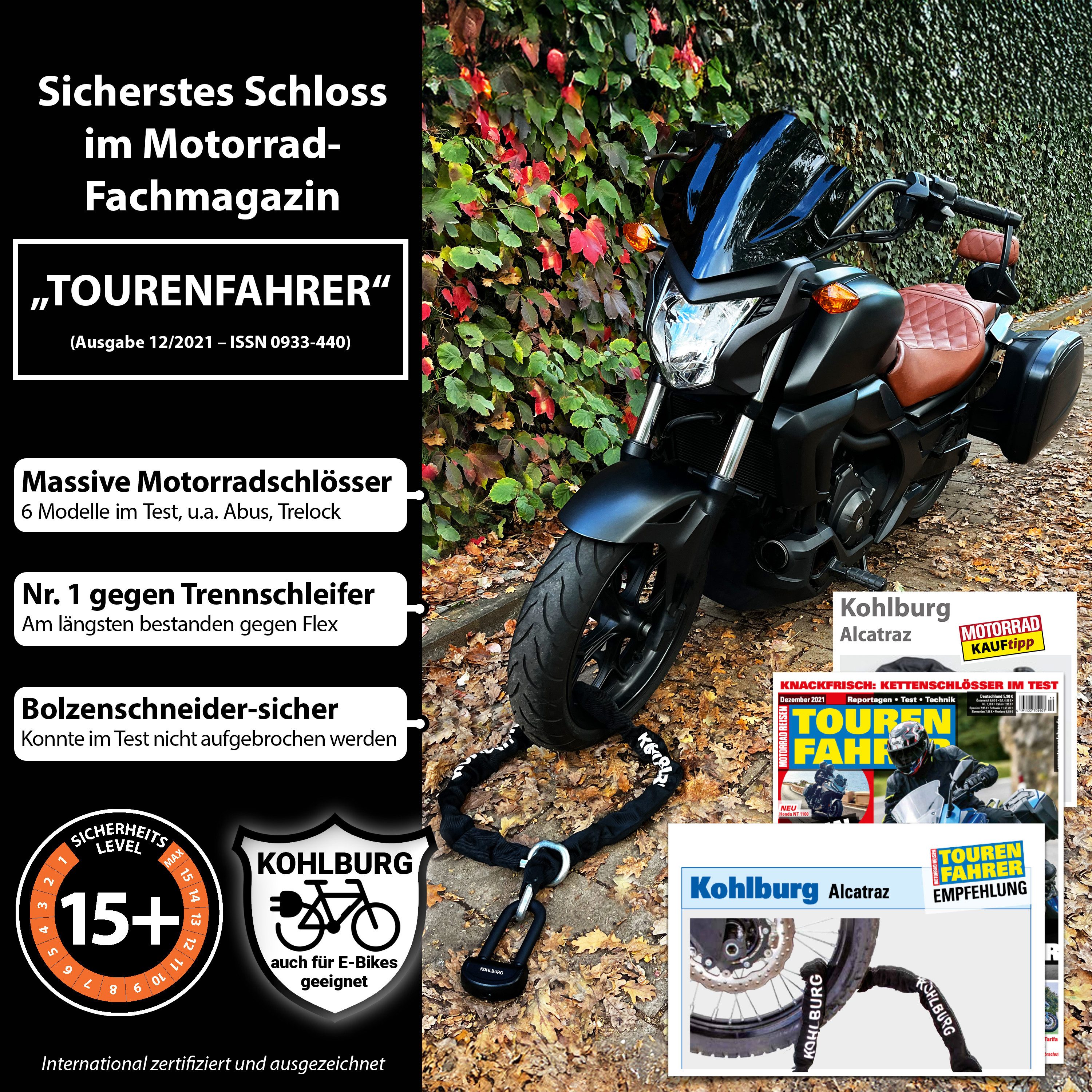 KOHLBURG Kettenschloss VdS zertifiziertes Motorradschloss • Höchste Sicherheitsstufe 15+, Typ Alcatraz • Massiv • 150 / 200 cm lang • 13 mm Spezialstahl-Kette