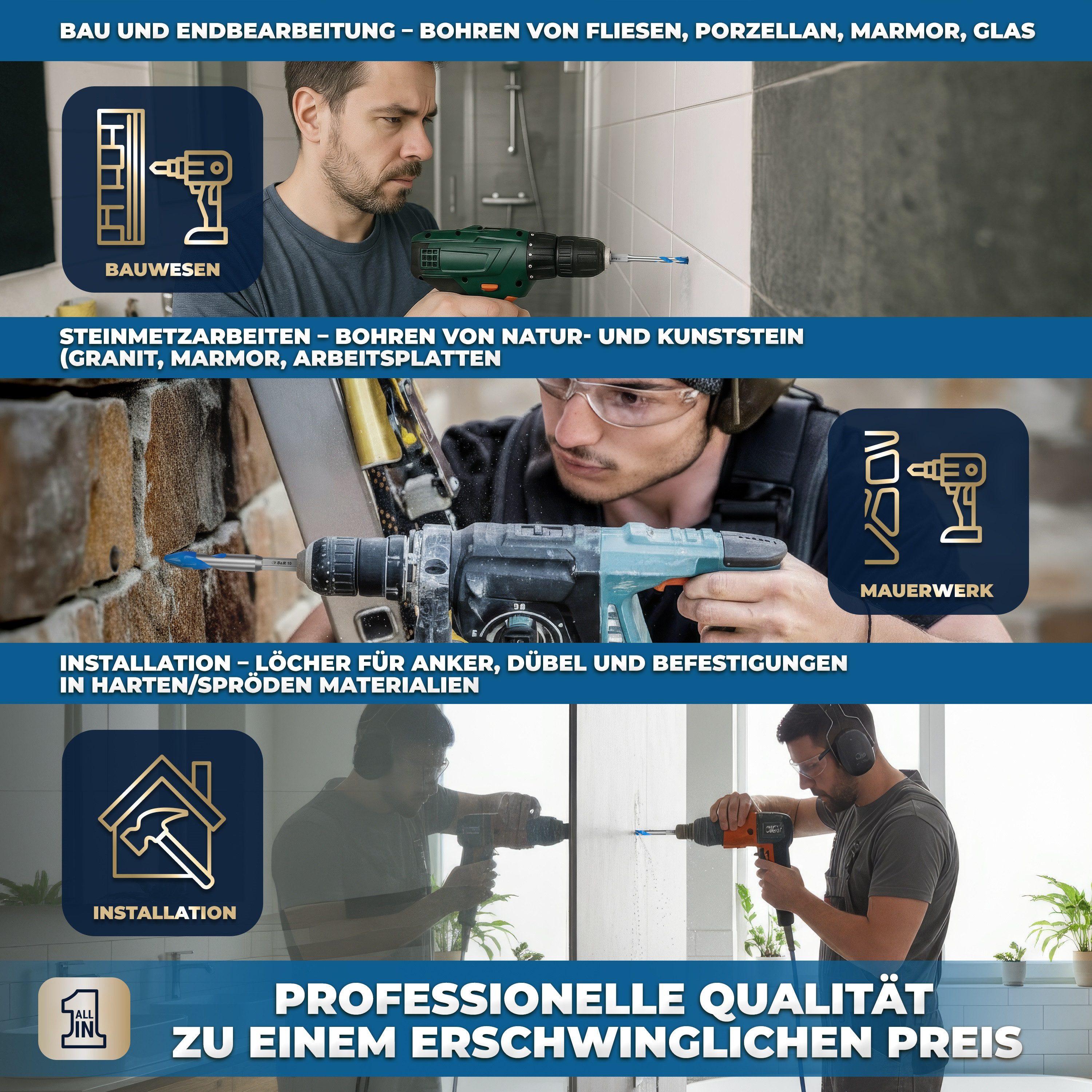 S&R Glasbohrer Professional Keramikbohrer Set 5-tlg, 4mm 5mm 6mm 8mm 10mm, für Feinsteinzeug, Keramik, Hartkeramik, Granit, Glas, Marmor