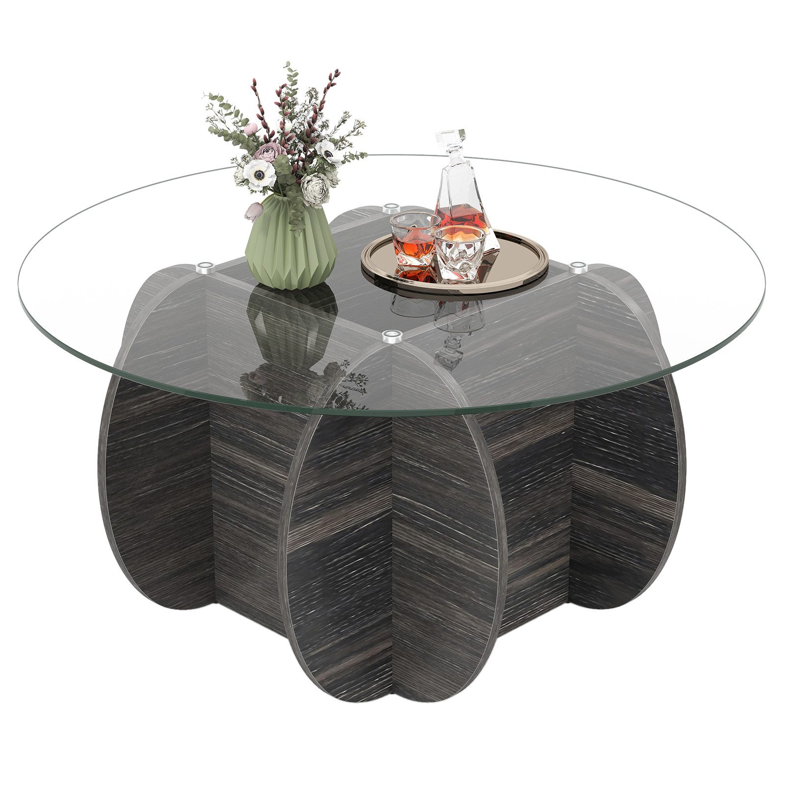 COSTWAY Couchtisch, rund, Wohnzimmertisch aus Glas & Holz, ø89cm