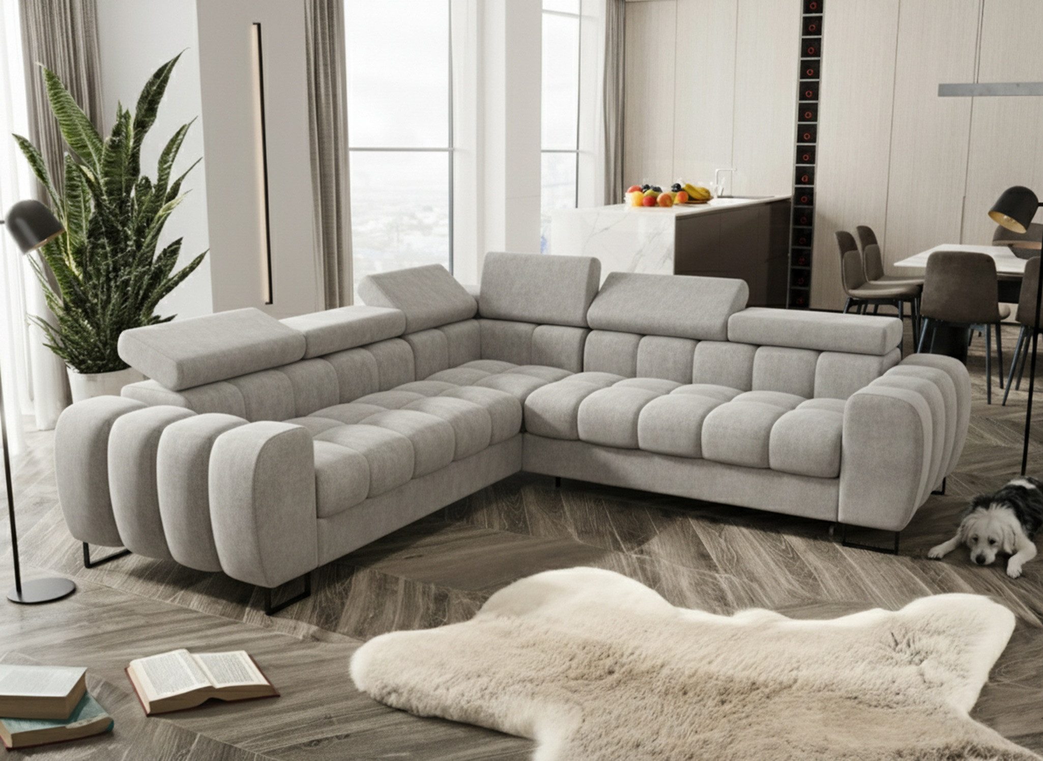 Fun Möbel Ecksofa Schlafsofa BASTIEN Seite Universal in Stoff, inkl. Bettkasten, mit Rundumbezug, ausziehbare Liegefläche