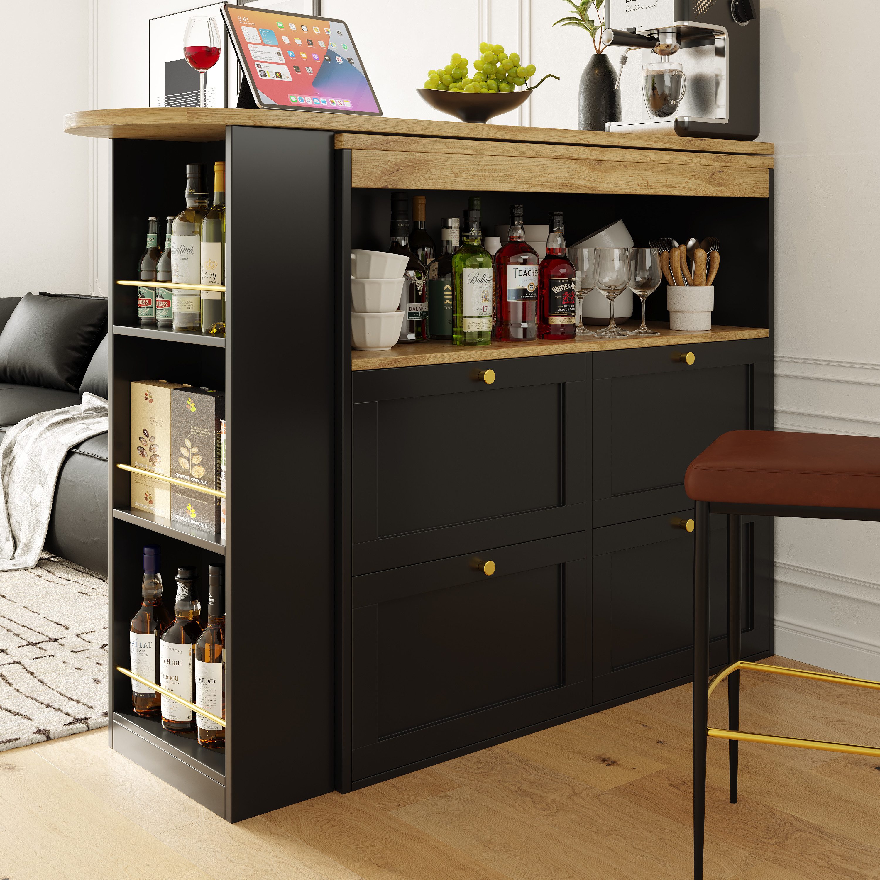 Flieks Bartisch 360° drehbar Stehtisch mit Sideboard (Set, 1-St., für Esszimmer/Arbeitszimmer/Wohnzimmer), ausziehbar Esstisch mit Regal und 4 Schubladen Kommode Bistrotisch