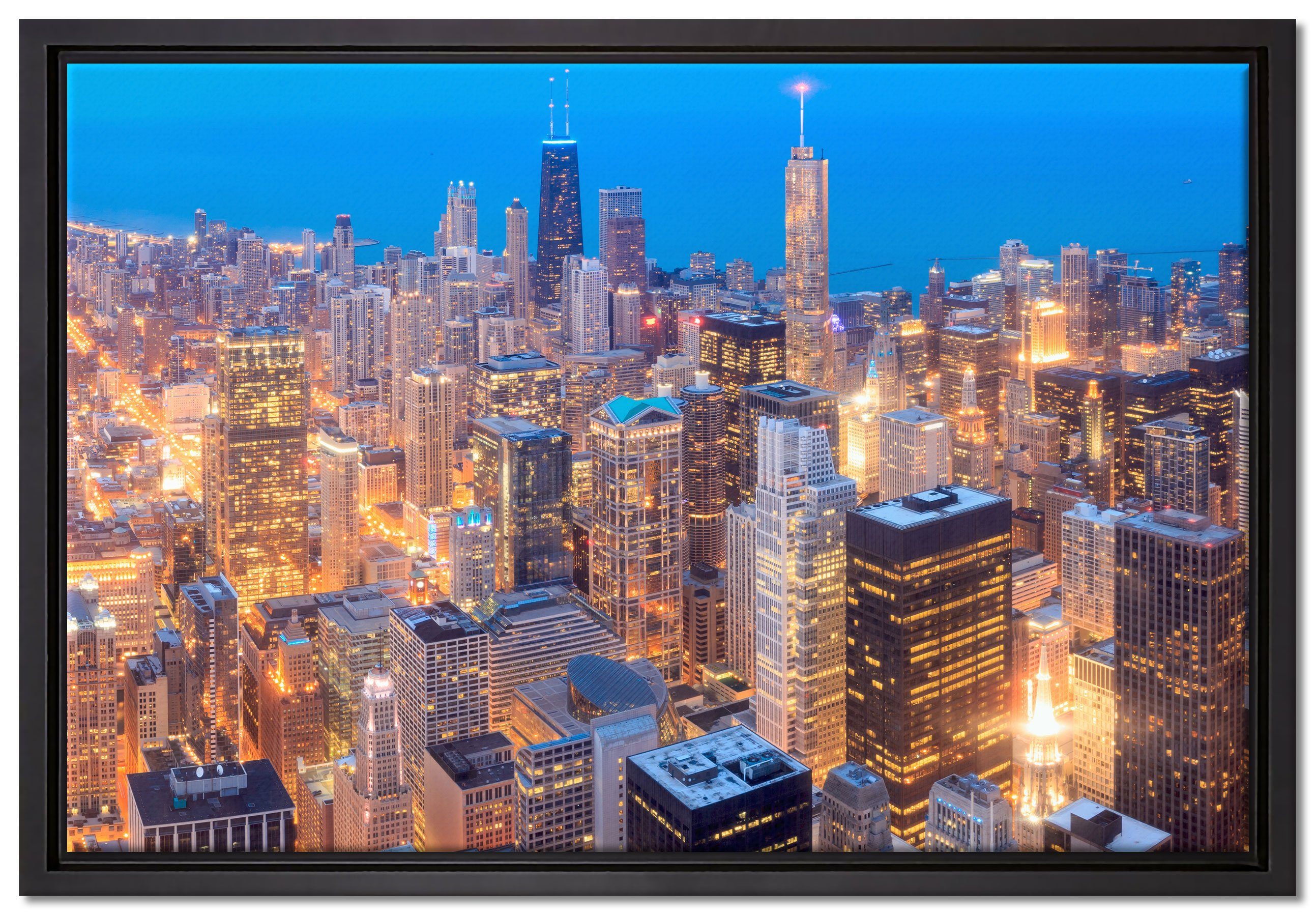Pixxprint Leinwandbild Luftaufnahme Chicago, Wanddekoration (1 St), Leinwandbild fertig bespannt, in einem Schattenfugen-Bilderrahmen gefasst, inkl. Zackenaufhänger
