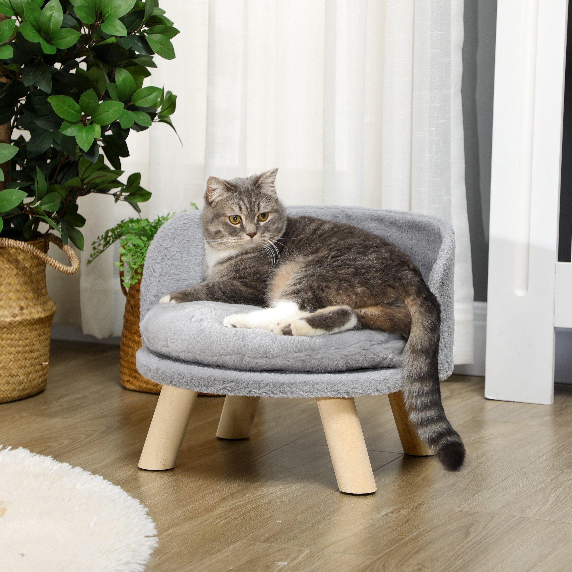 PawHut Tierbett Hundesofa Hundecouch mit Kissen, Holzbeine, Plüsch, Grau Ø40.5 x 33 cm