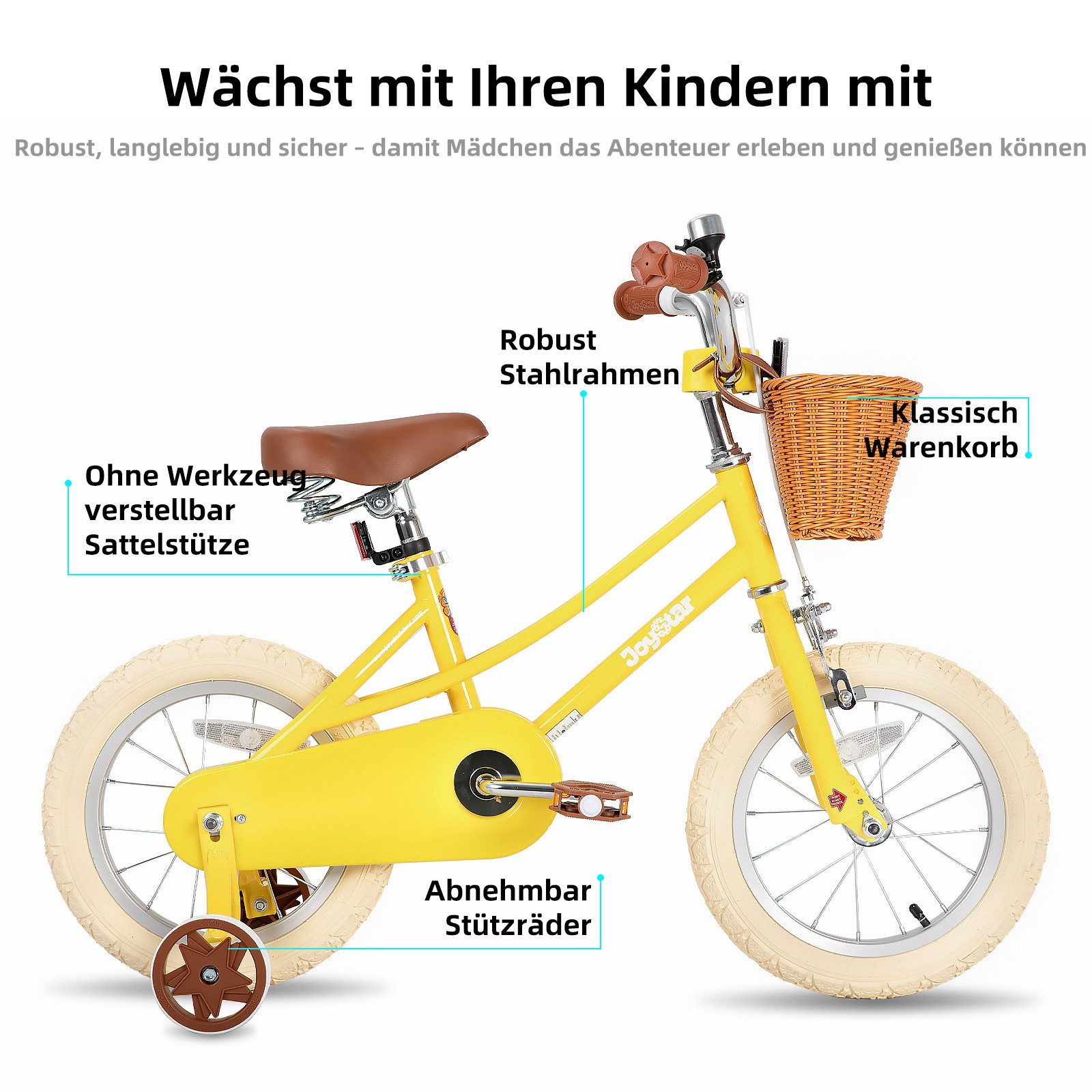 JOYSTAR Kinderfahrrad 12/14/16/18/20 Mädchenfahrrad für 2-13 Jahre alte Kinder, 12" 14" 16" Kinderfahrrad mit Stützrädern & Korb, 20 Zoll mit Ständer