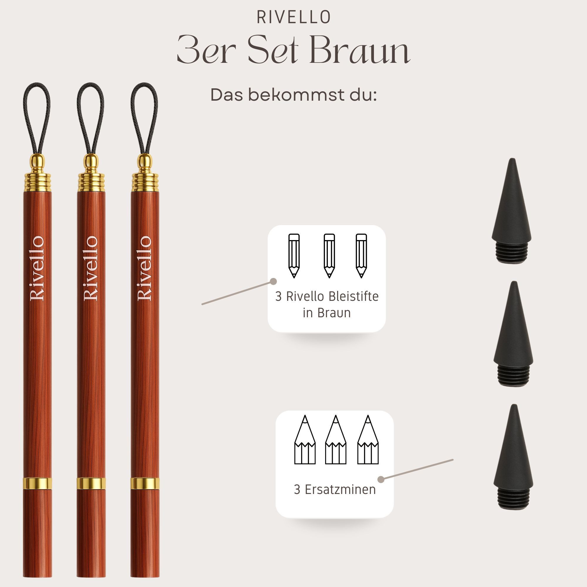 Thumbnail - Rivello - Home & Living Bleistift aus Holz – schreibt ohne Anspitzen – mit Ersatzminen – Braun & Schwarz, (3-tlg)