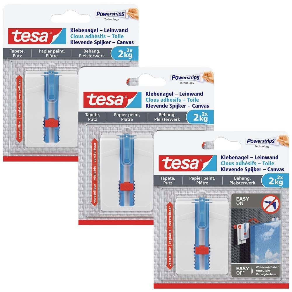 tesa Keilrahmen Klebenagel Tapeten & Putz im 3er Pack - höhenverstellbar, für Fliesen, für Metall, lösbar