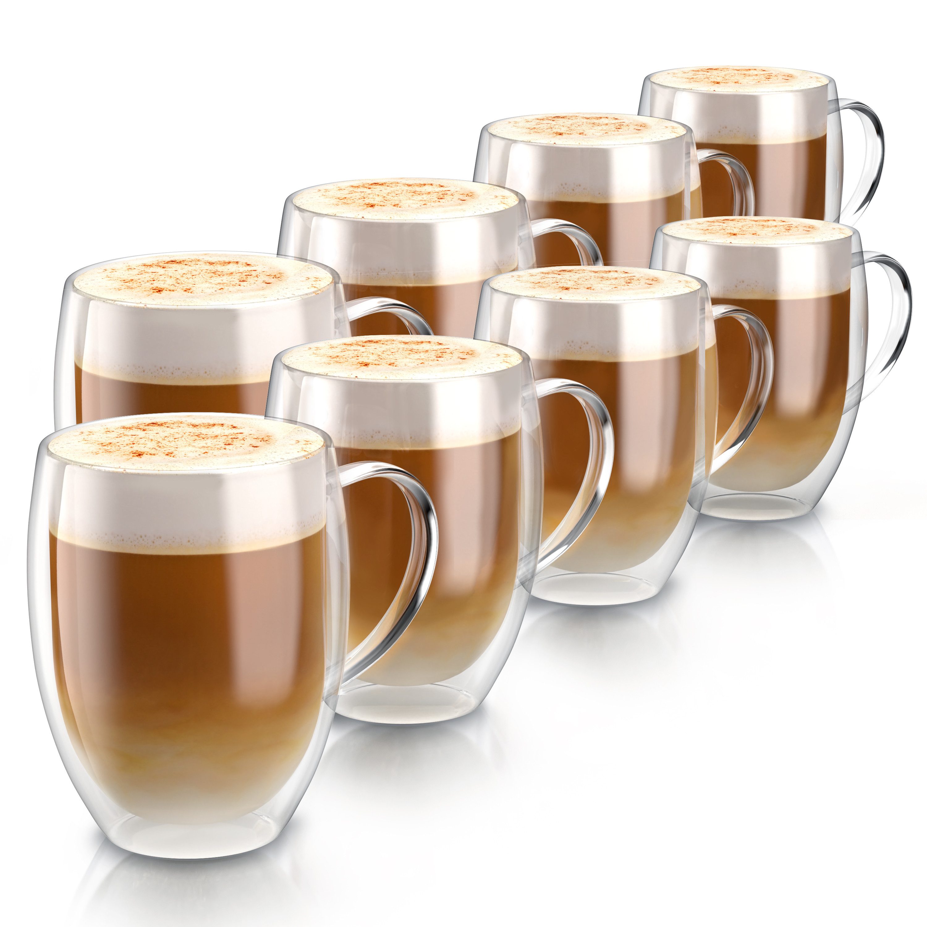 Arendo Gläser-Set doppelwandige Thermogläser mit Henkel, 350 ml Kaffeetasse, Trinkglas, 8-tlg., Glas, für Latte Macchiato, Cappuccino, Tee, hitzebeständig spülmaschinenfest