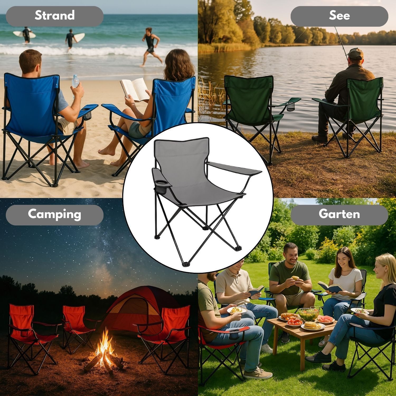 Coemo Gartenstuhl (4 St), faltbarer Campingstuhl Grau mit Getränkehalter, Outdoor-Stuhl