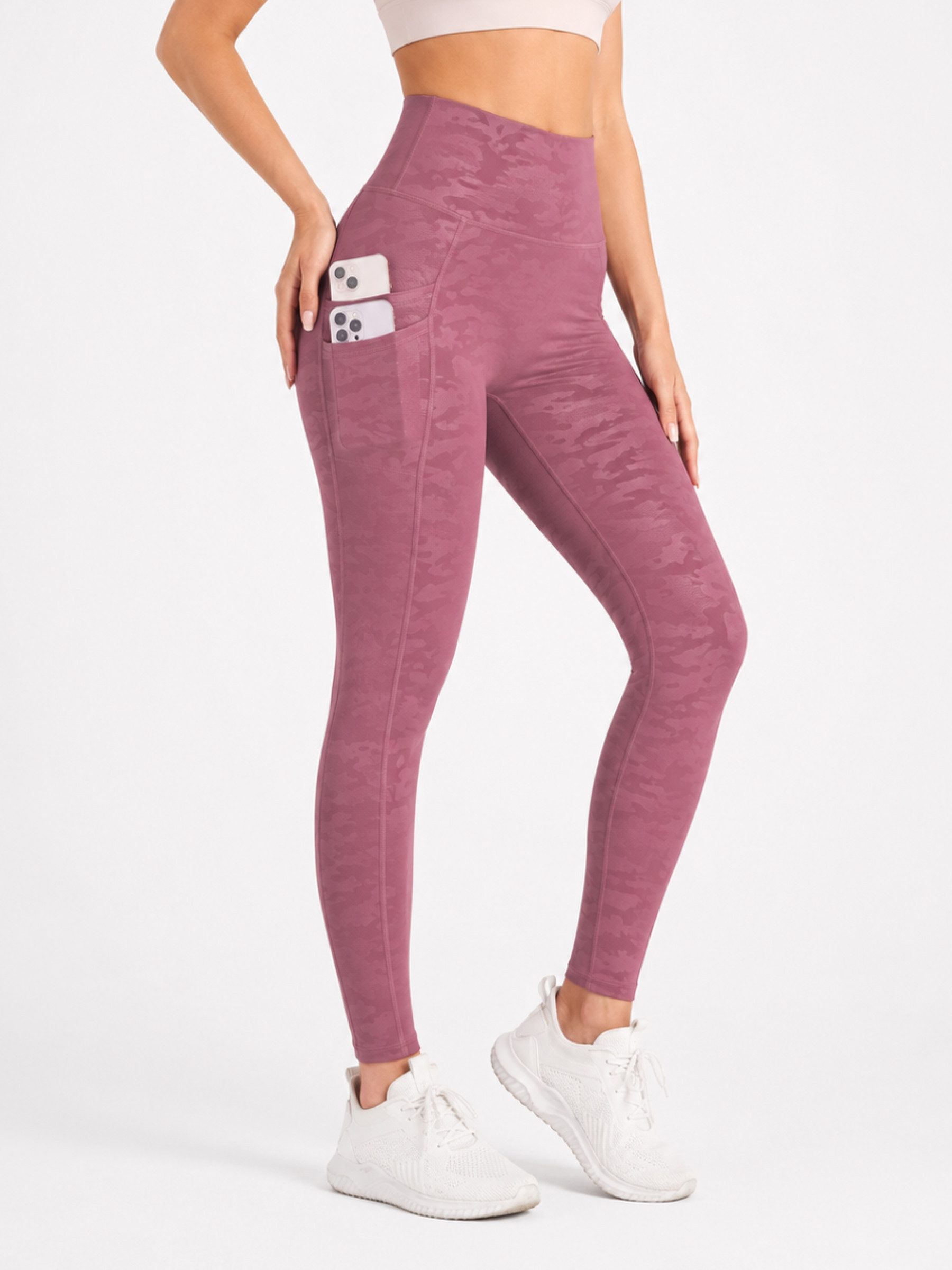 FemmeTone Highwaist Leggings Damen Sportleggings mit Handytasche, Yoga- & Laufhose Fitness-Tights mit Push-up-Effekt & poformender Passform