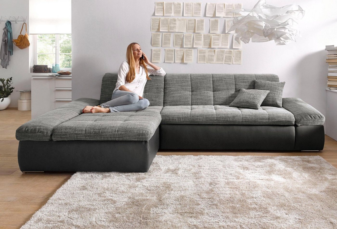 DOMO collection Ecksofa MORIC 300x172 cm, XXL-Sofa mit viel Platz, L-Form, auch in Cord, wahlweise mit Bettfunktion und Armteilverstellung, schwarz-weiß-grau